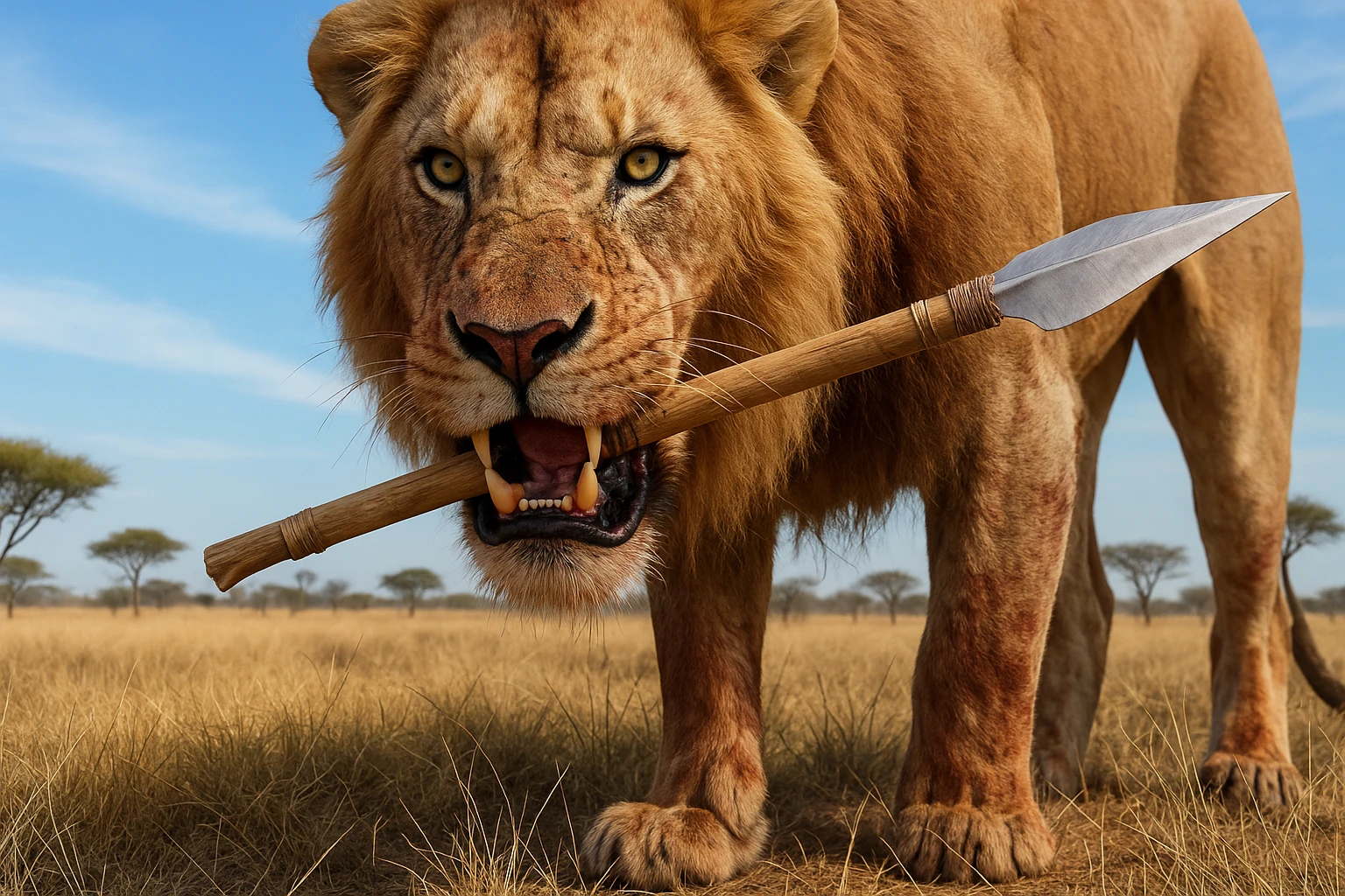 Recreate a realistic, dramatic image of a fierce lion holding a spear in its mouth, standing in a savannah landscape. The style and composition should match the reference image's realistic and dramatic tone. emoji