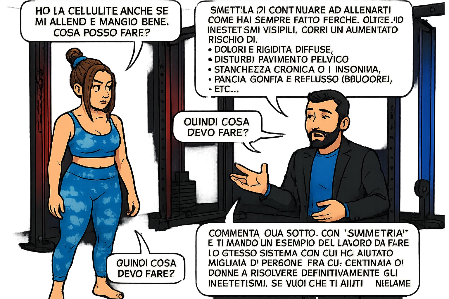 TRASFORMA QUESTO CAROSELLO IN UN FUMETTO CON QUESTE DUE PERSONE IDENTICHE CHE INTERLOQUISCONO TRA LORO:

Ho la cellulite anche se mi alleno e mangio bene, cosa posso fare?

Hai controllato il tuo baricentro corporeo?
Sapevi che se il peso del tuo corpo cade in avanti o da un lato, c’è un disallineamento fra bacino e torace, che comprimendo le coste, limita la motilità del diaframma e l’ossigenazione dei tessuti?
Il mio è il primo e unico percorso che lavora sugli inestetismi con un lavoro mirato sul baricentro corporeo.

Smettila di continuare ad allenarti come hai sempre fatto perché, oltre ad inestetismi visibili, corri un aumentato rischio di:
    • dolori e rigidità diffuse
    • disturbi pavimento pelvico
    • stanchezza cronica o insonnia
    • pancia gonfia e reflusso (bruciore)
    • etc…


Quindi cosa devo fare?
Commenta, qua sotto, con “simmetria” e ti mando un esempio del lavoro da fare. Lo stesso sistema con cui ho aiutato migliaia di persone, fra cui centinaia di donne a risolvere definitivamente gli inestetismi.
Metterei il prima e dopo

Se vuoi che ti aiuti personalmente
SCRIVIMI IN DIRECT emoji