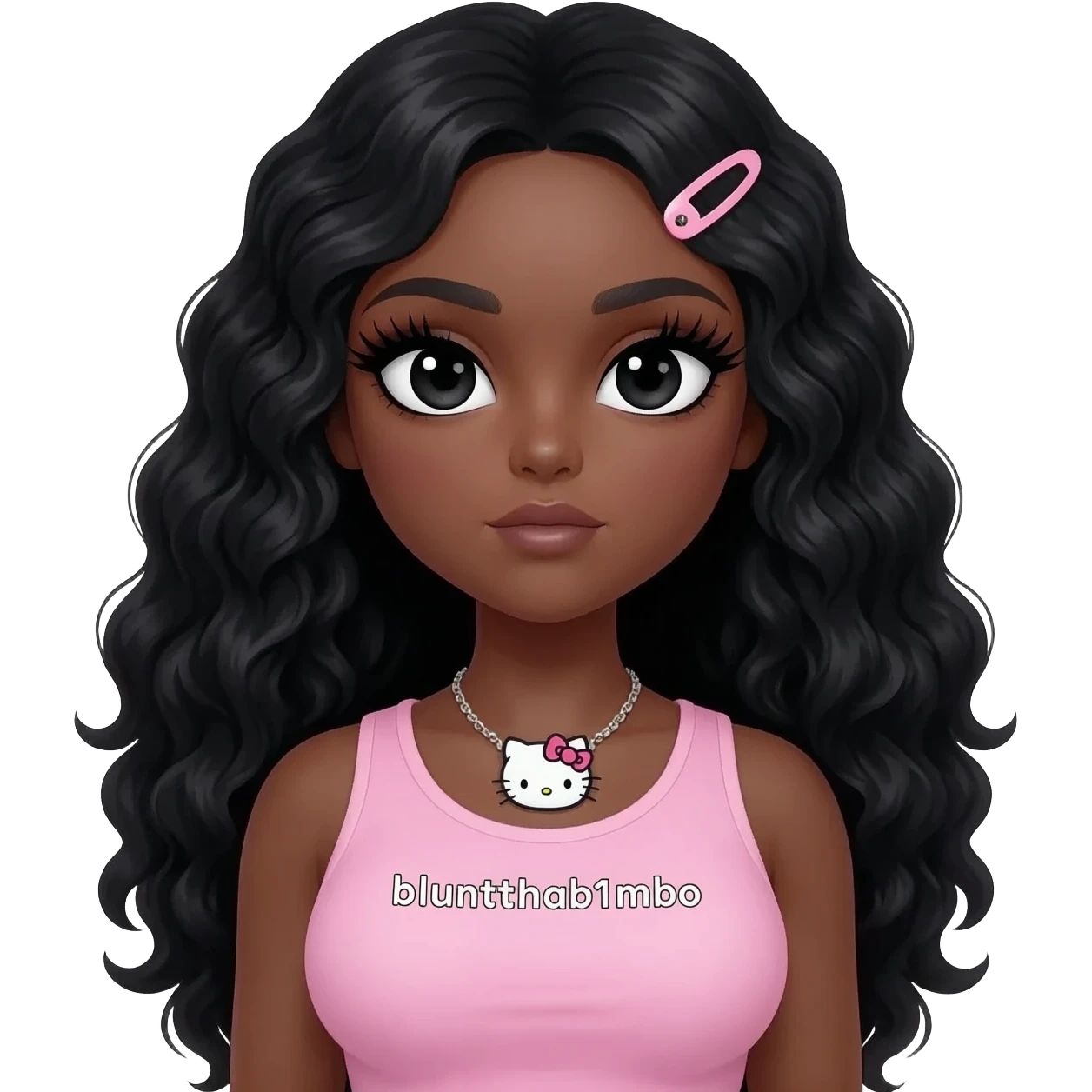 Long giant lashes, my melody hairclip, Doll faced shaped, hello kitty necklace, bimbo, black doll eyes, barbie, dark brown skin with long curls black hair, light pink bimbo sleeveless shirt says "bluntthab1mbo", big breast emoji