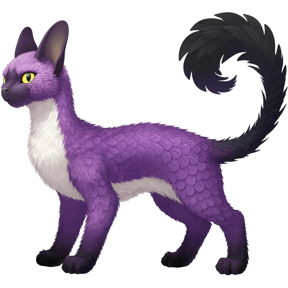 Furry, fluffy tropical flecked painted feathery scaly, Purple, white, black, Minccino-Sphynx-Lykoi-Linoone-Zangoose-fusion-hybrid-animal-Fakémon-creature, full body, thin long sleek scaly tail, intricate markings emoji
