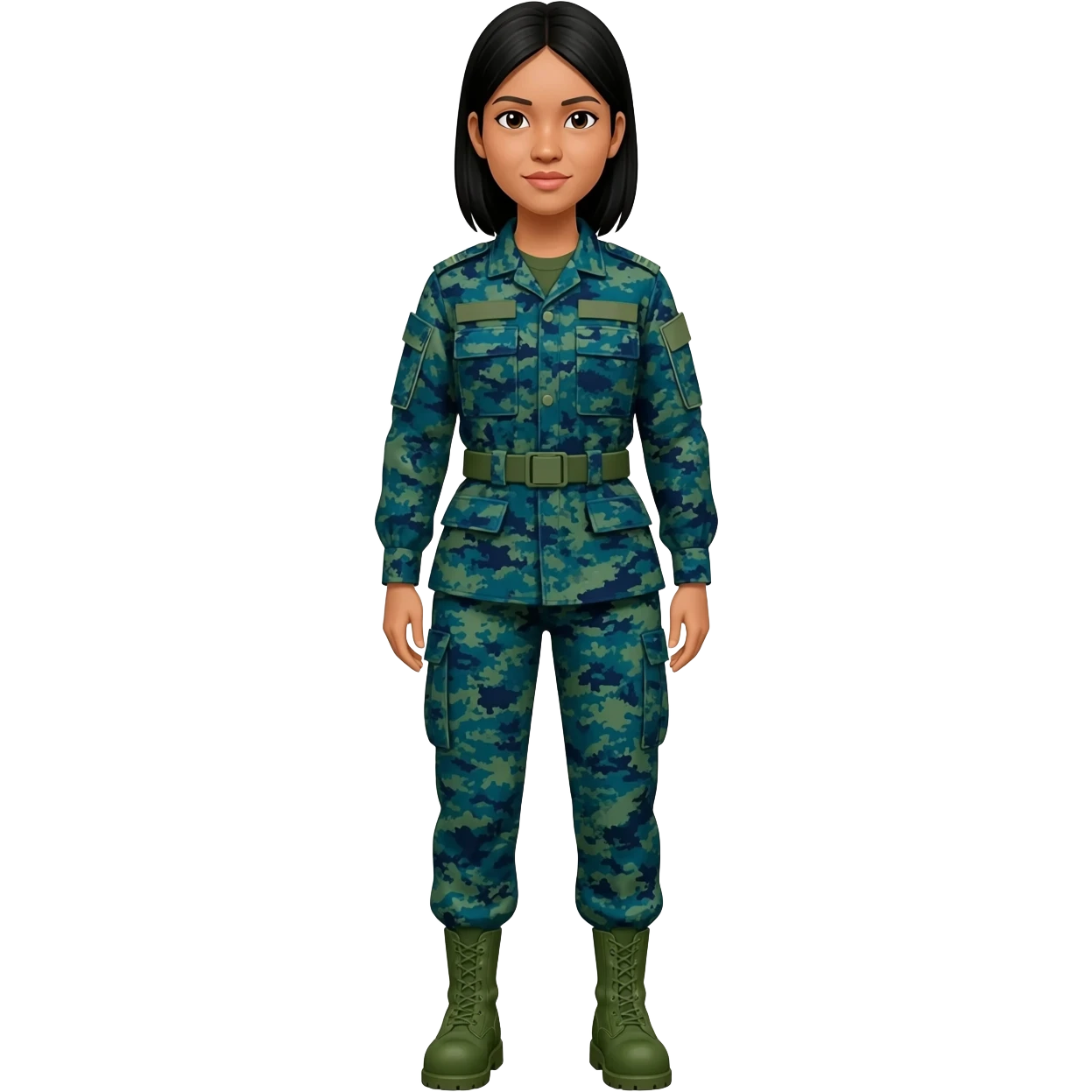 Filipino female army soldier bdu camo with green combat boots without plate carrier and without wear belt without knee pads long sleeve emoji