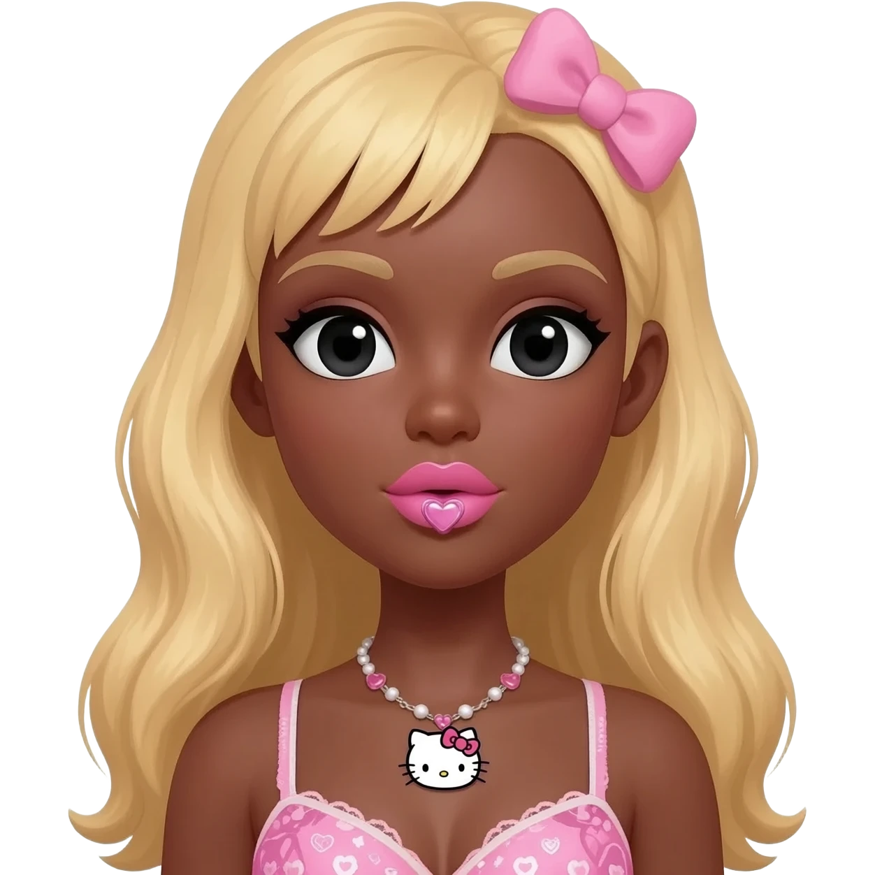hello kitty necklace, heart shaped cute lips bimbo, black doll eyes, Big lips barbie, dark brown skin with blonde hair, bimbocore outfit bra emoji