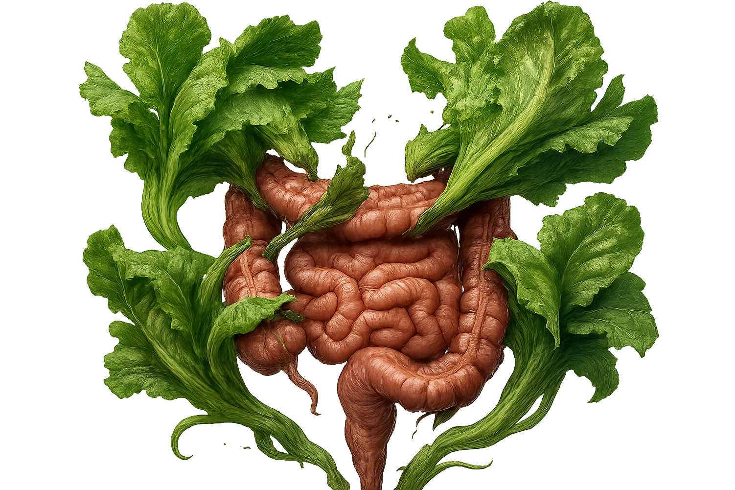 foglie di insalata che attaccano un intestino anatomico umano per distruggerlo, iperrealistico emoji