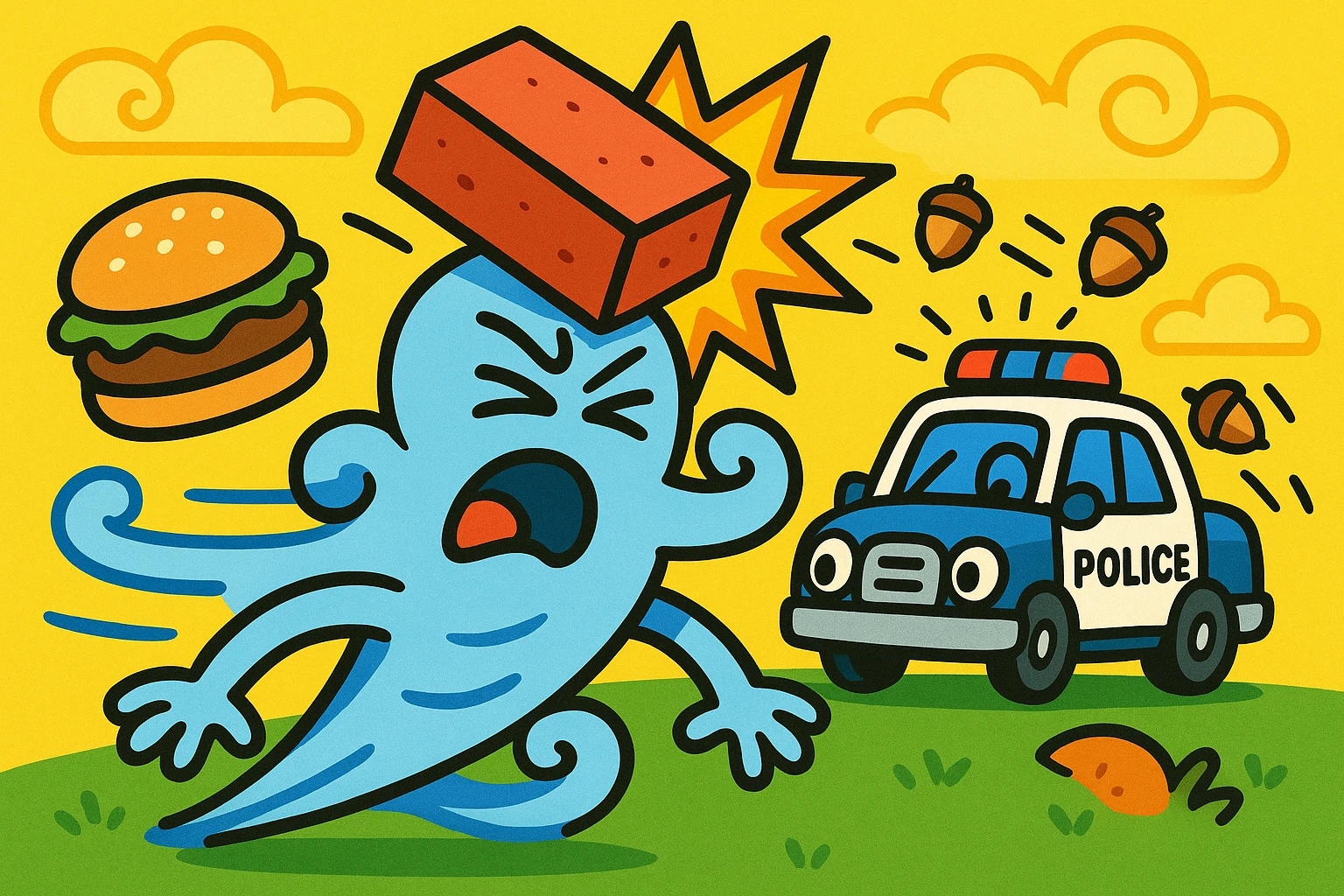 cartoon wind character being smashed by a brick, a burger being thrown at it, and a police car in the background with acorns being thrown at the car, vibrant and playful style emoji