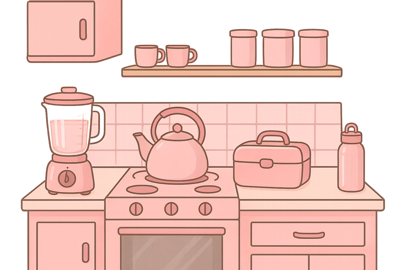 themed pink kitchen with pink blender, pink teapot, pink lunchbox, pink water bottle, all matching, cute emoji