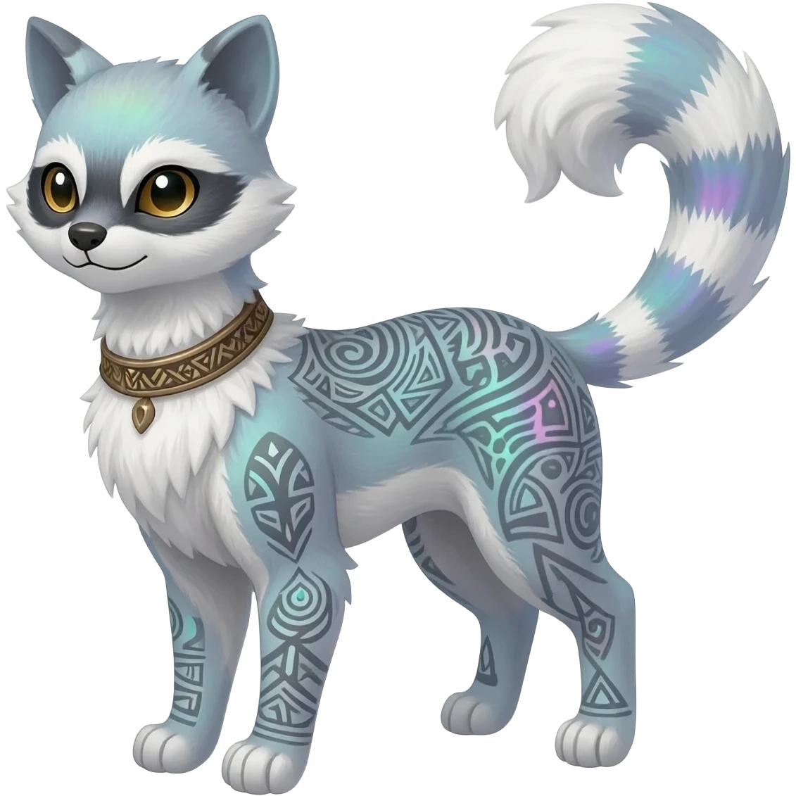 Rar iridescent furry fuzzy silvery exotic cute epic aesthetic gothic colorful Salandit-Eevee-Civet-species-Fakemon-hybrid-creature, with a collar, and with intricate tribal markings, full body emoji