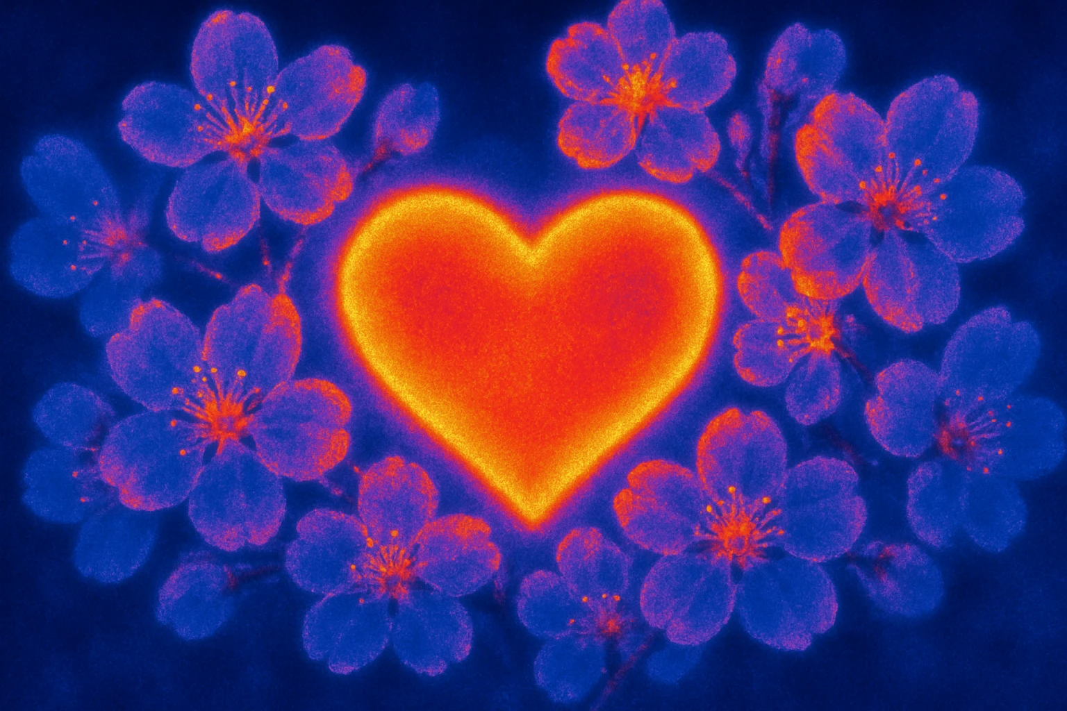 pink heart with sakura flowers, thermal camera style emoji