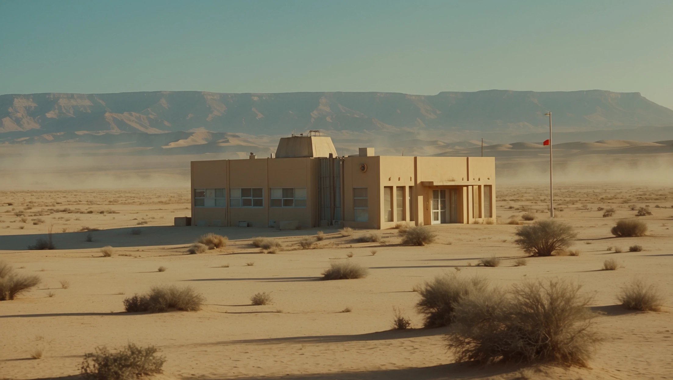 Cinematic still from 1990s Retro Space movie, film called Retro Futurism, Establishing scane showing desert with single bulding, big landscape in background showing loneliness emoji