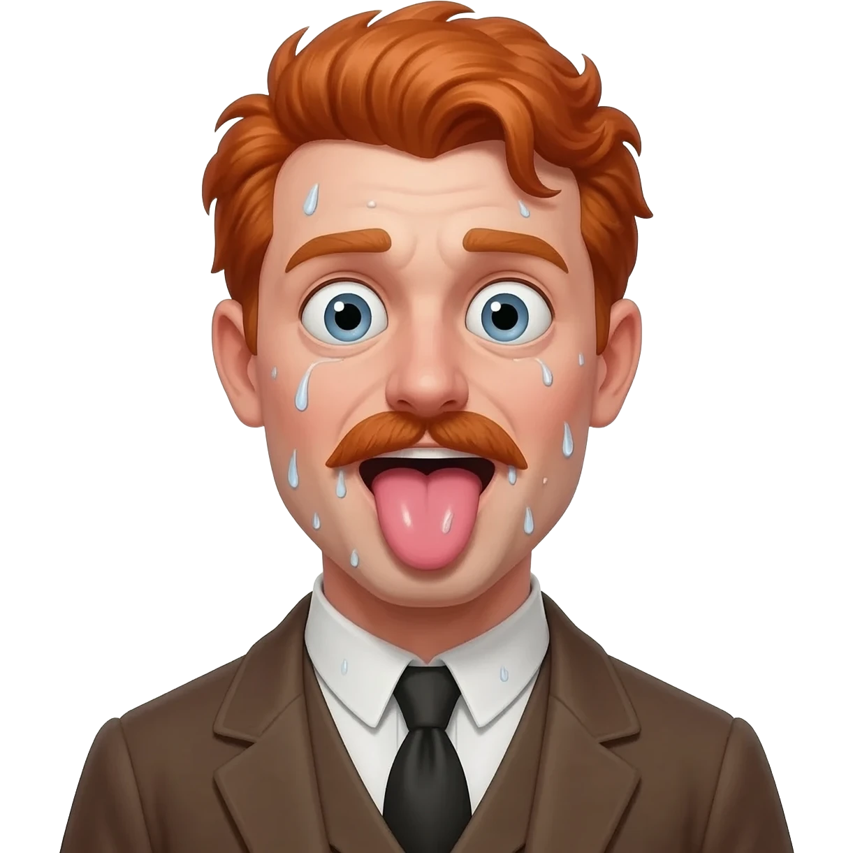 Red and sweaty snob man from 1900, eyes wide open, tounge out, sweat pouring emoji