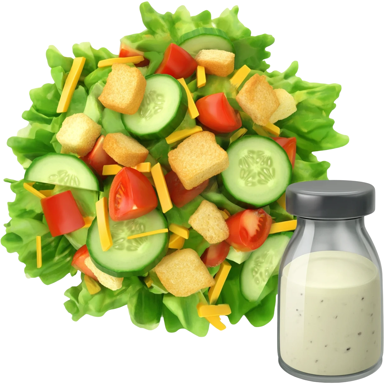 Dinner salad with ranch dressing in a bottle on the side emoji