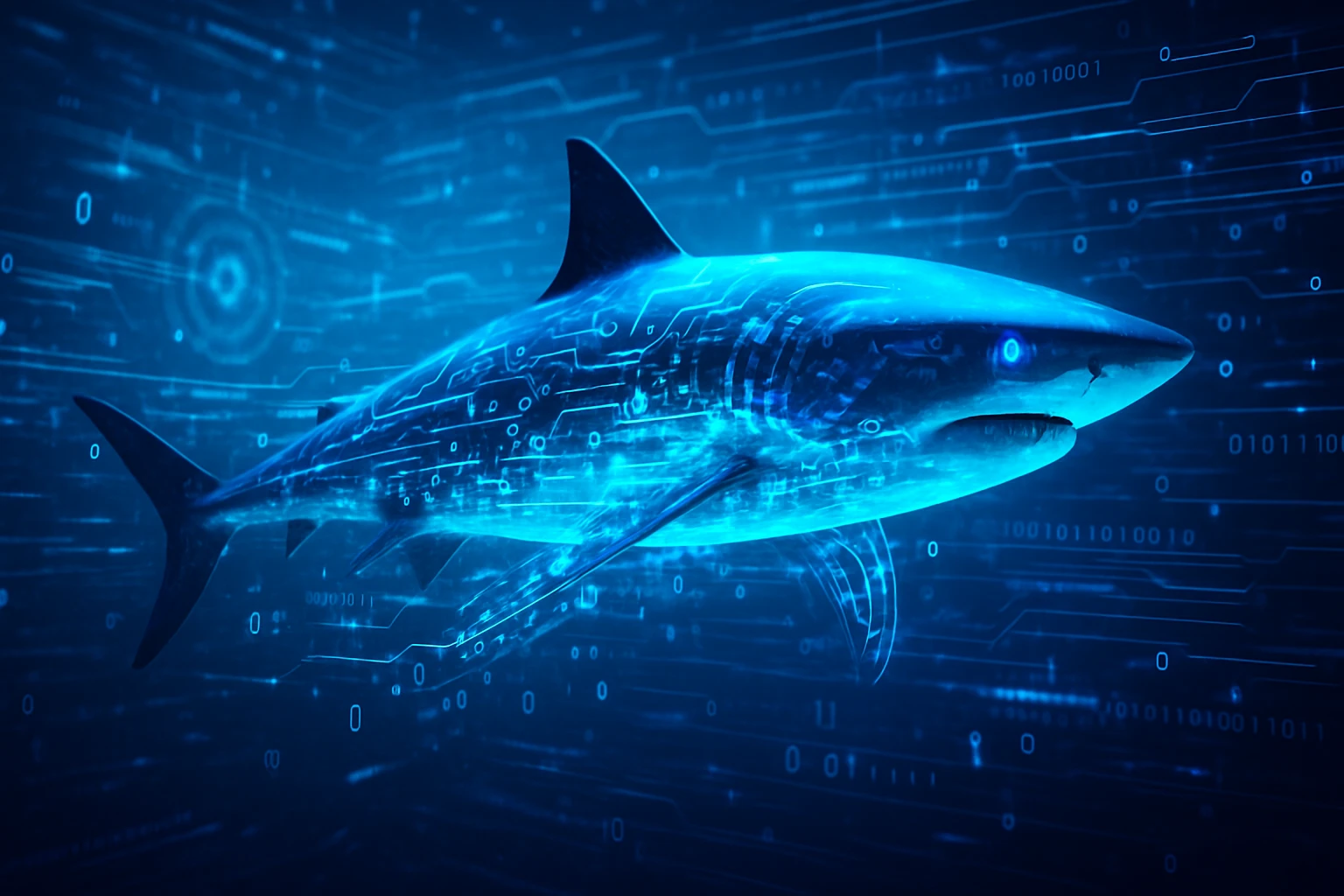 a data shark, combining elements of a shark and digital data, visually striking style, digital and oceanic fusion emoji