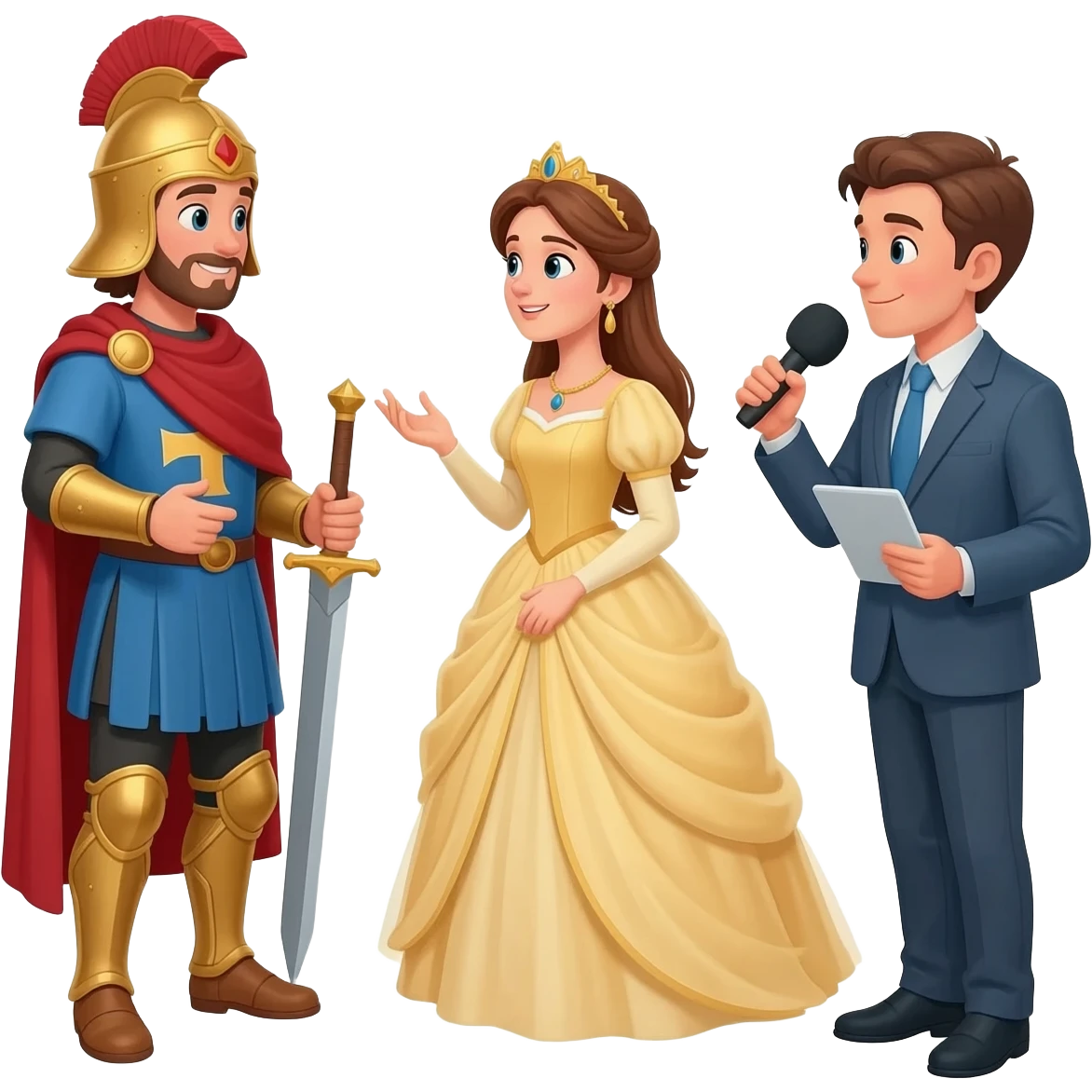 sant jordi i la princesa discutin. ina enrevistadora gravan la situacio emoji