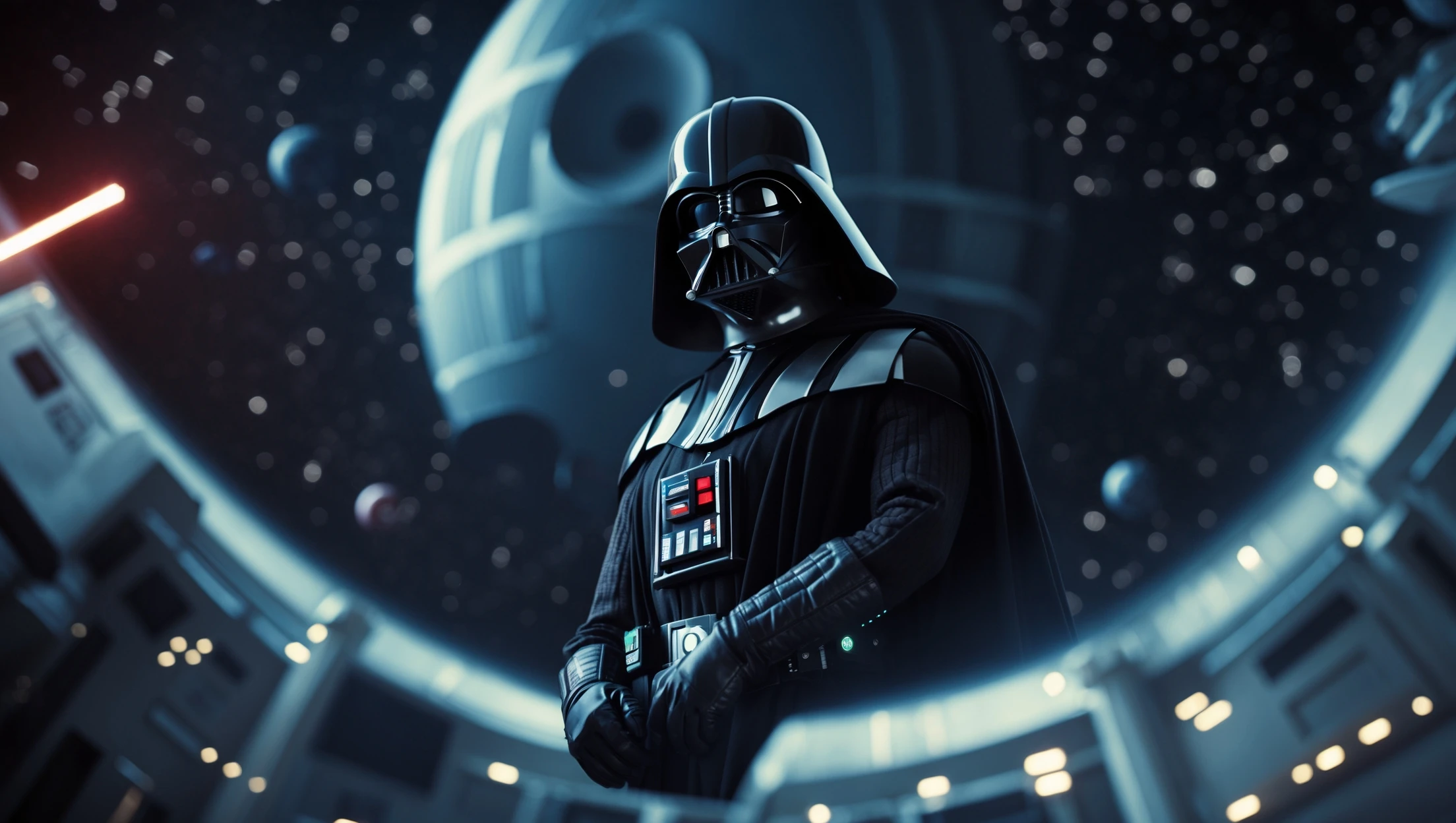 cinematic still, documentary photography, space and death star, well lit scene, Darth Vader floating in space, close up, front shot, rule of thirds emoji