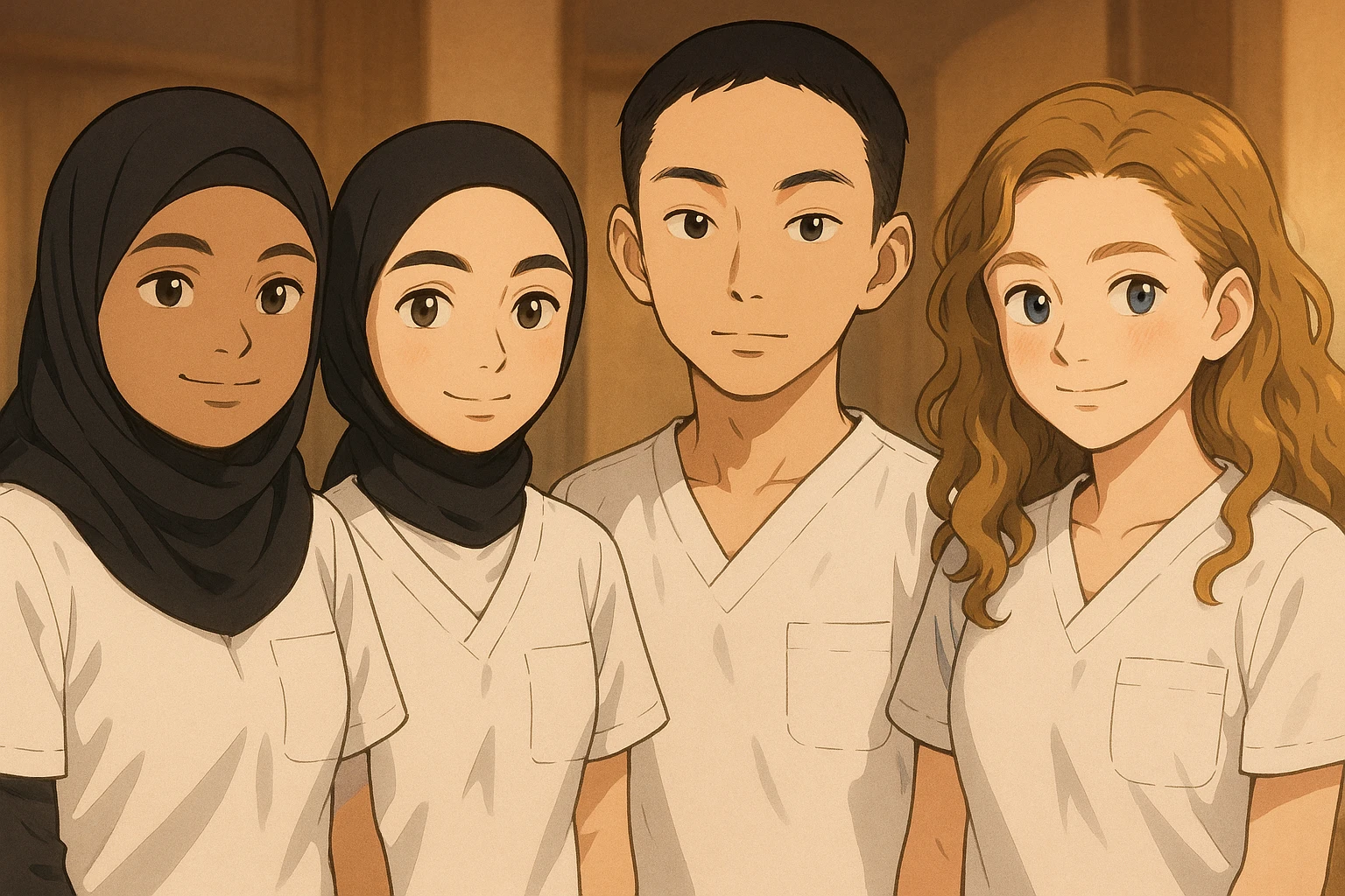 Four nursing students side by side in a warm indoor ambiance, wearing white short-sleeved uniforms with V-neck collar, no collar at the neck, no undershirts, left chest pocket, with variations of soft lighting, in Ghibli style. emoji
