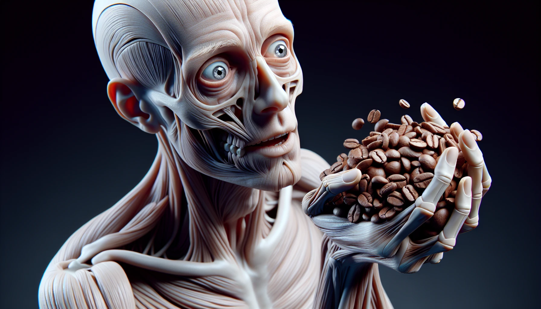 corpo umano anatomico che tiene in mano una manciata di chicchi di caffè e la guarda come se fosse dipendente da essa, stralunato, iperrealistico 4k emoji