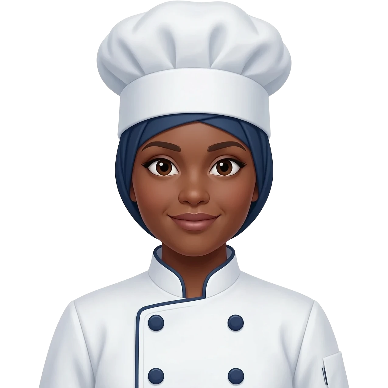 buatkan emoji seperti chef, pakai jascook warna putih dengan kancing biru dongker dan memakai hijab serta topi chefnya...berkulit puith ya emoji