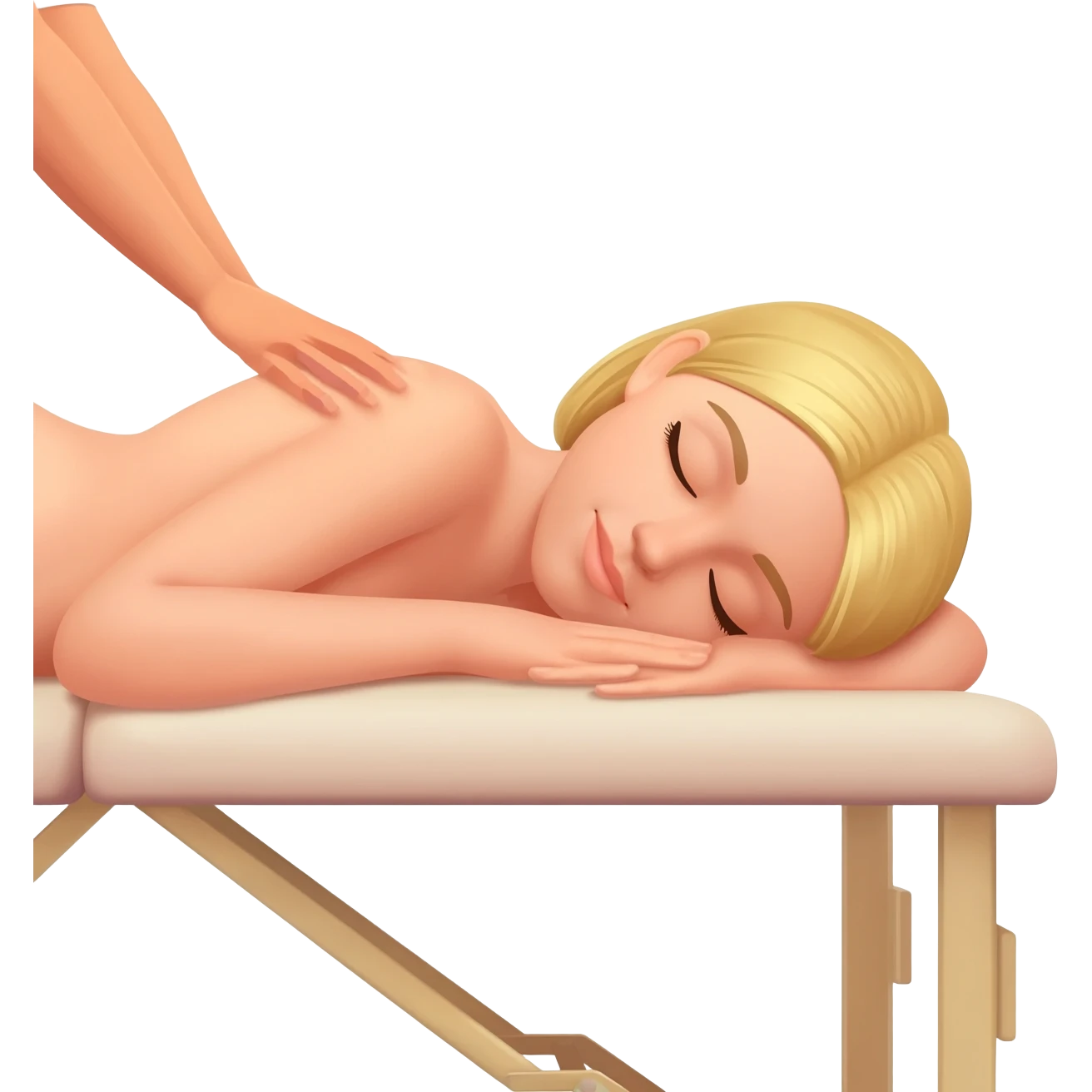 Blonde girl sleeping nude on massage table while hands massage her. emoji