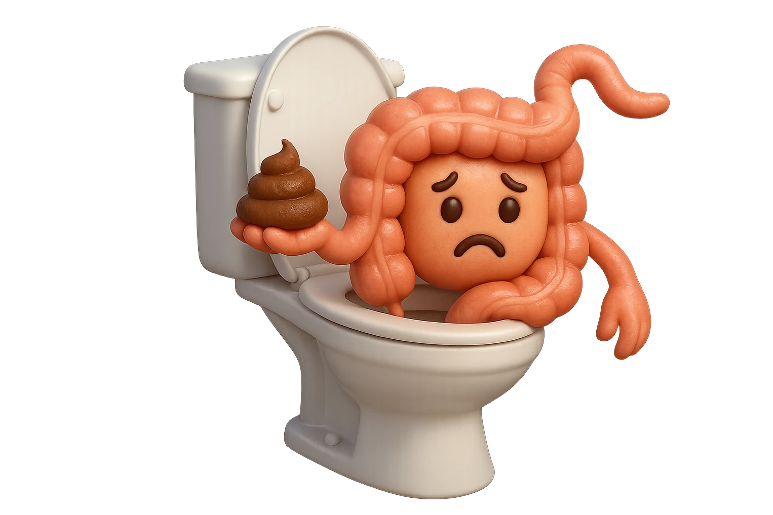 emoji stile iphone di un intestino realistico 3d che esce dal wc con in mano una montagnetta di feci con espressione triste a palline, iperrealistico 4k emoji