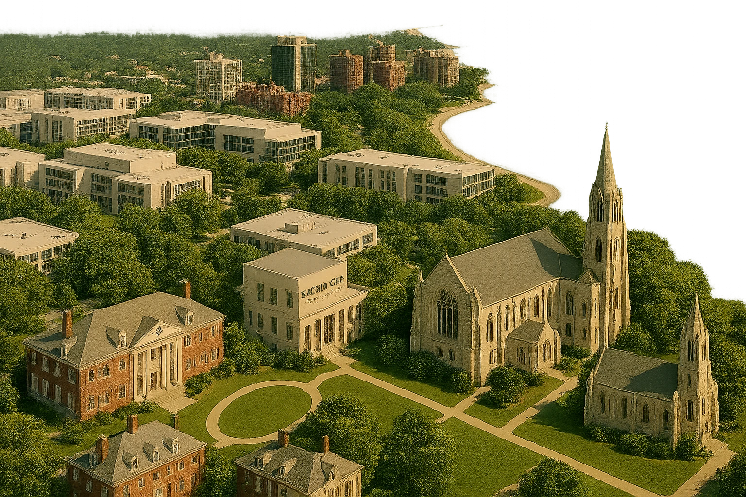 Add the Sigma Chi International Fraternity Headquarters and the Levere Memorial Chapel (Sigma Alpha Epsilon HQ) as visible, recognizable landmarks to this Evanston cityscape. Keep all existing features intact including the Northwestern University campus, Lake Michigan shoreline, and downtown Evanston. Render in a cinematic, realistic style with a transparent background. emoji