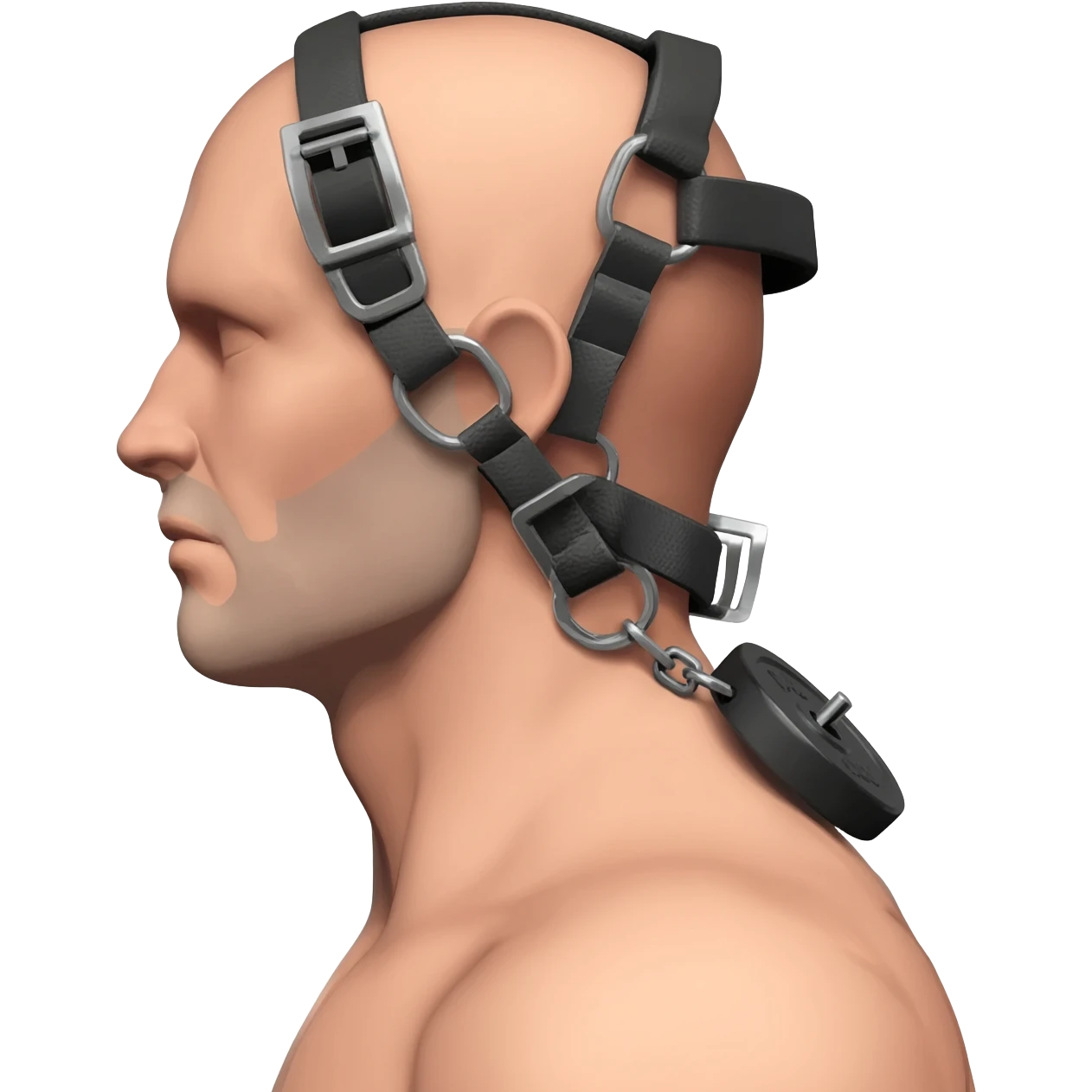 Side profile with neck fully extended back, showing defined neck fibres and a prominent Adam’s apple. Wearing an **Iron Neck head harness** with D-rings near the ears, with a chain through a weight plate attached to the rings. emoji
