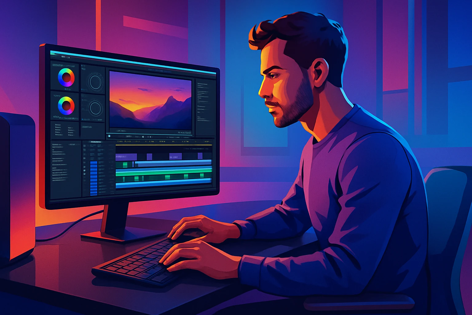 a man sitting at a table editing videos, modern digital art style emoji