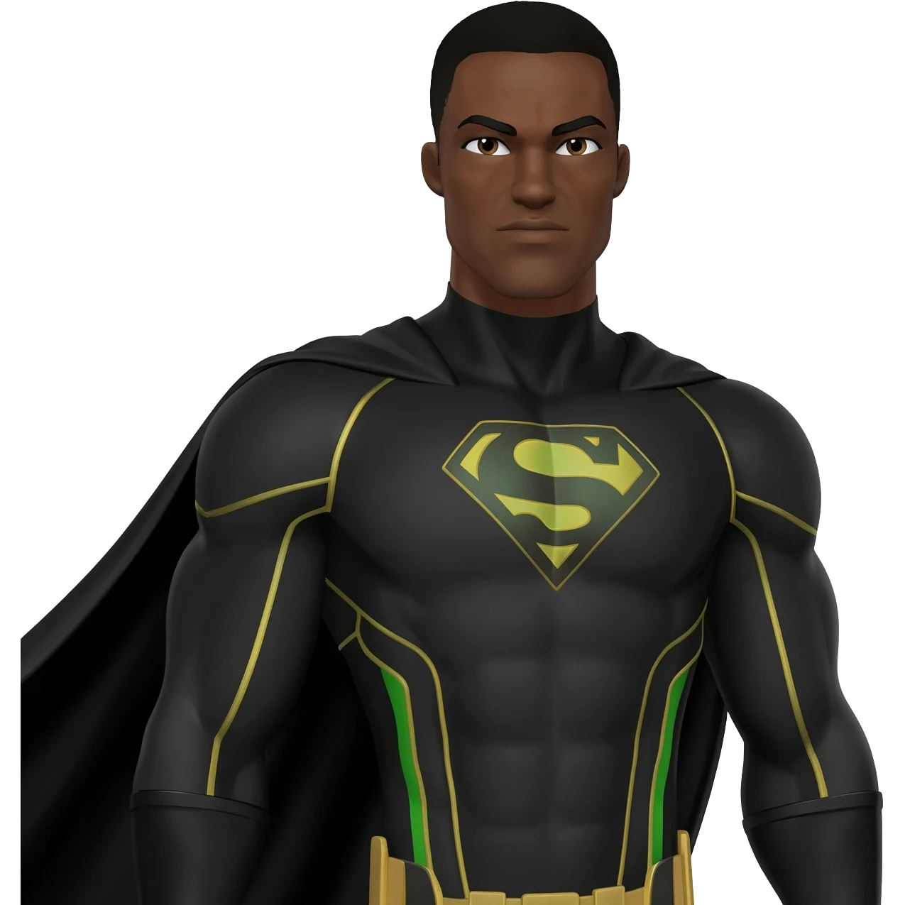 Superhero suite black male all green and gold lines with long black cape very tall letters G and big arms full body emoji