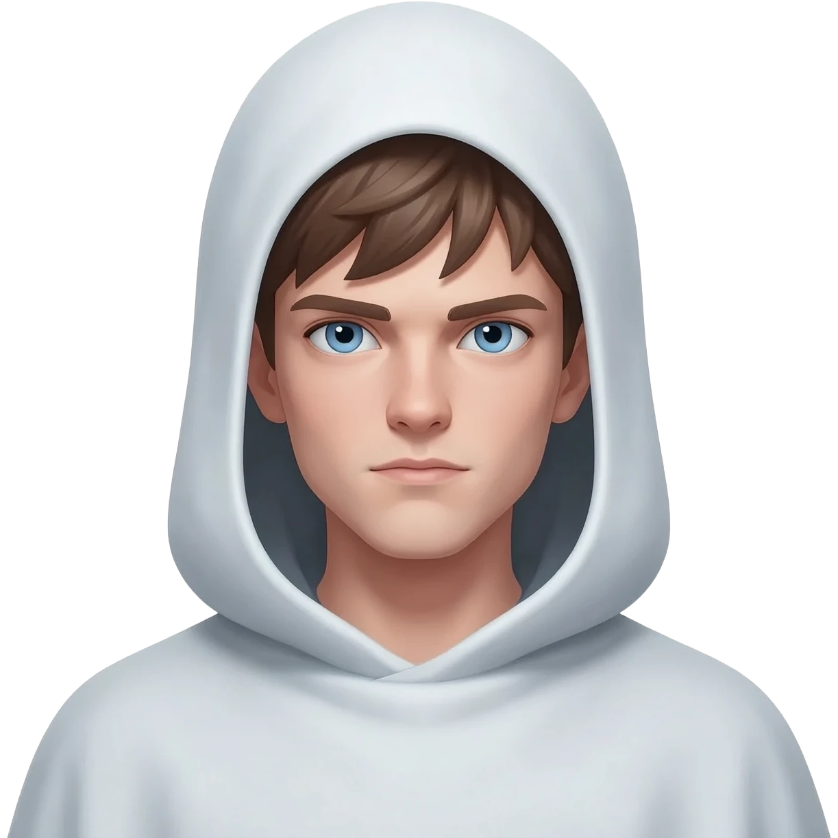 Create a memoji-style character: 26-year-old white male, brown hair, striking blue eyes, mysterious. Wearing ghost cloak with hood or mask partially covering face. Ethereal, modern ghost vibe, expressive eyes visible. Clean, cartoonish Apple Memoji style, simple background, suitable for brand mascot emoji