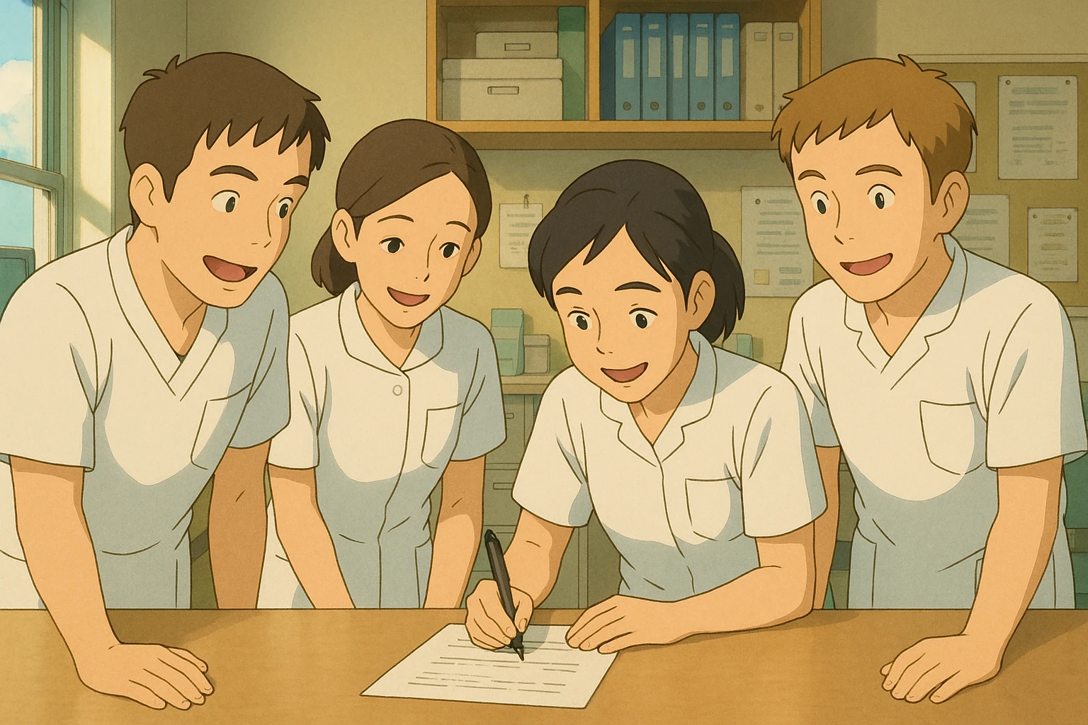 Team scene of four nursing students, faces inspired by four new photos, collaborative atmosphere in a care station, white short-sleeve medical tunics with V-neck and left chest pocket, no collar stand, no stethoscopes, nothing protruding from sleeves, style Ghibli emoji