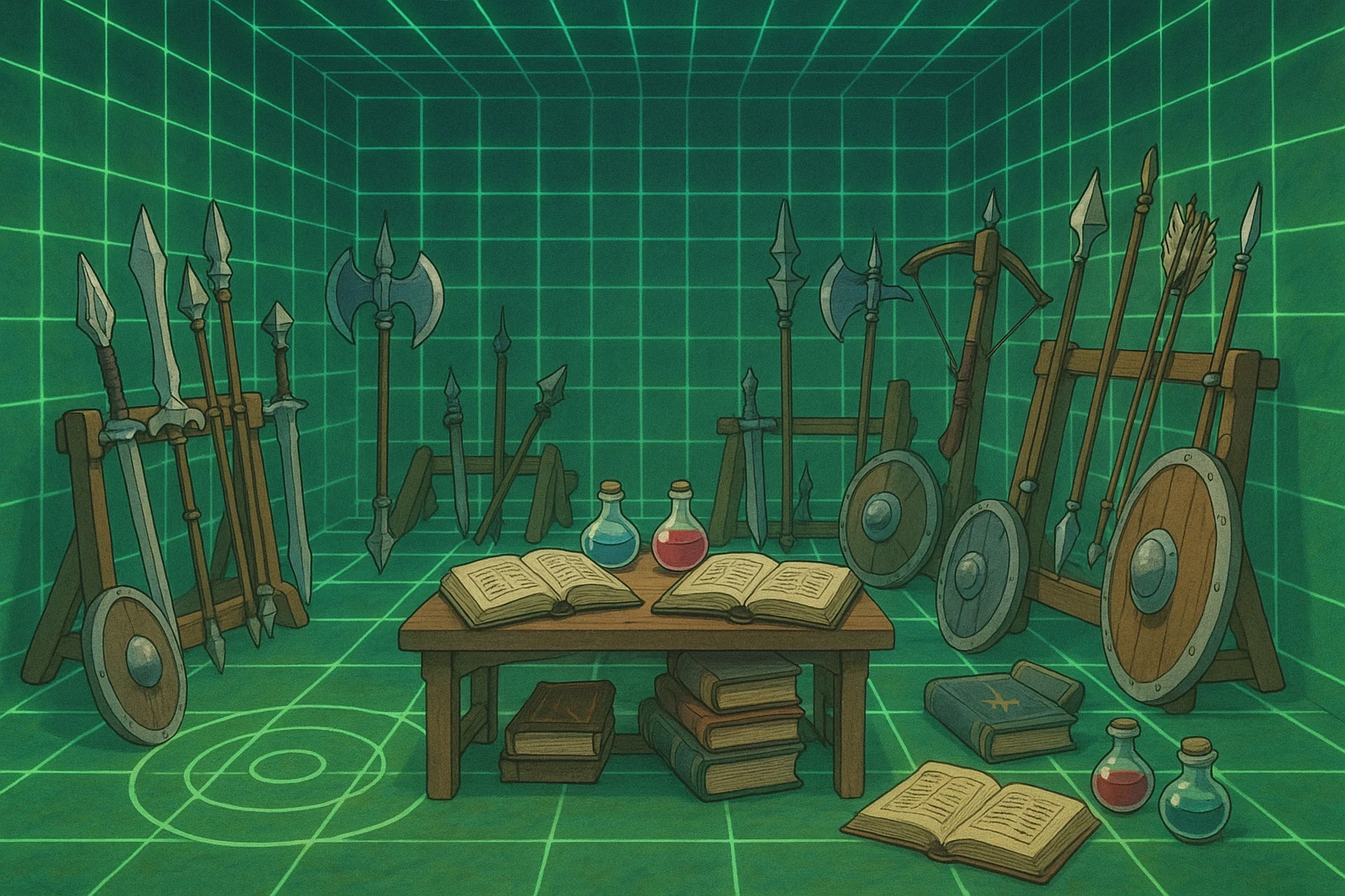 A virtual simulated training environment for combat drills, configured with swords, daggers, axes, maces, halberds, bow and arrows, and shields, as well as spell books and potions  emoji