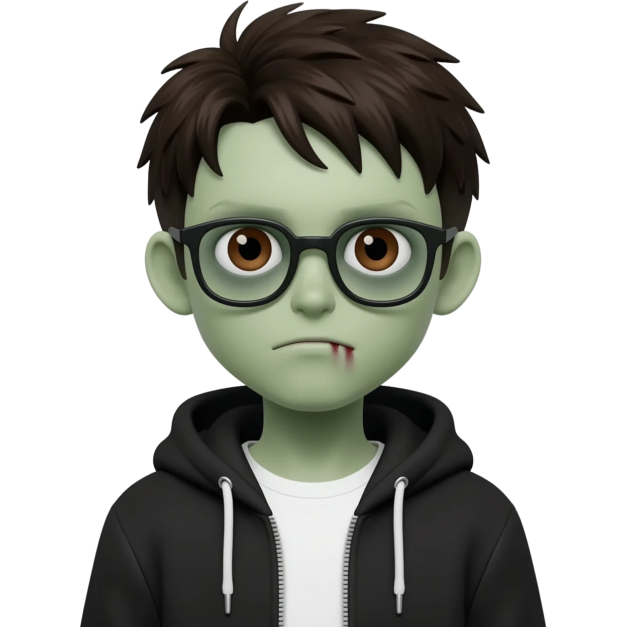 zombie boy with white tshirt and black brownish hair and with black glasses frames on hair is texturized young boy and round face more green face and dark brown eyes black thick cotton y2k hoodie with the white t-shirt under it hood of hoodie is standing up a slight bit and no ties on hoodie emoji