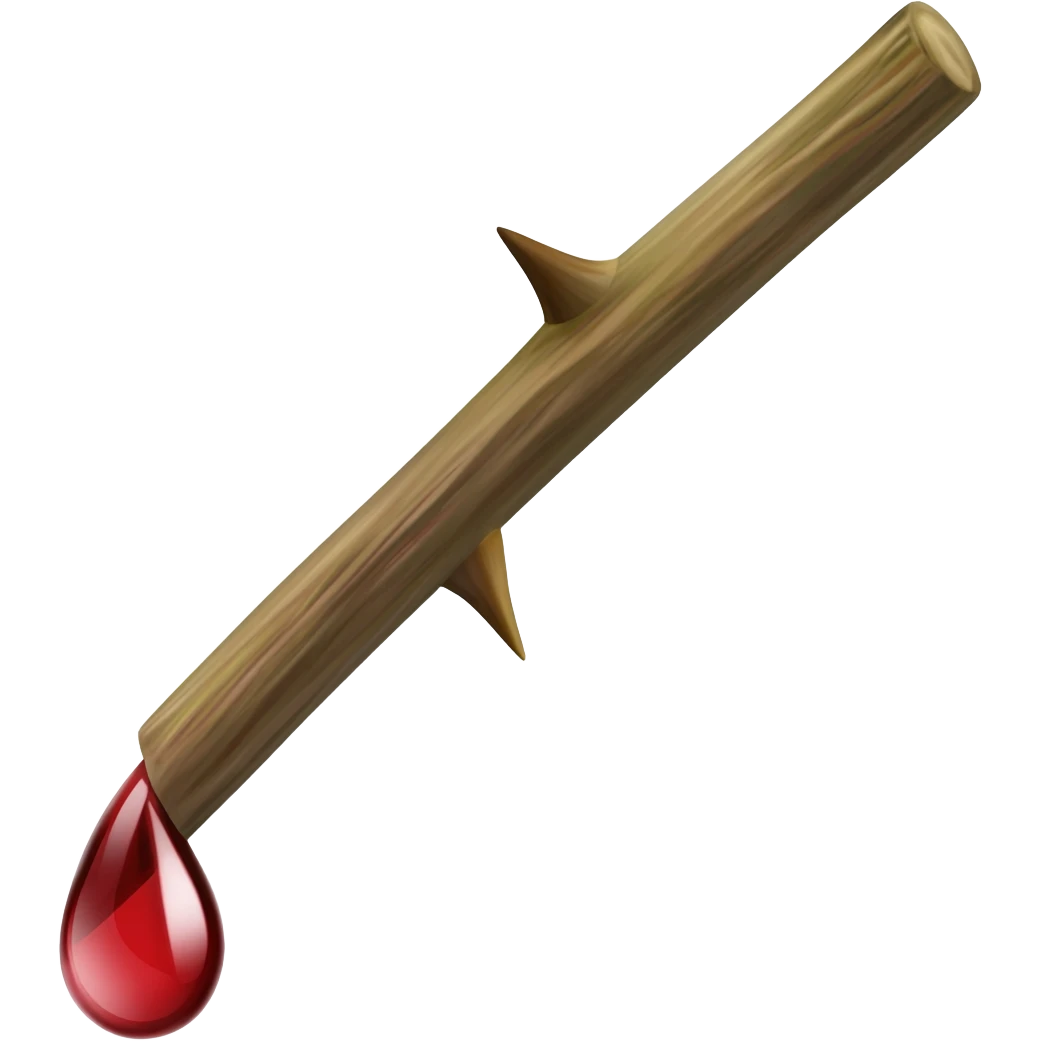 A small twig with a single thorn with a drop of blood falling from the thorn emoji
