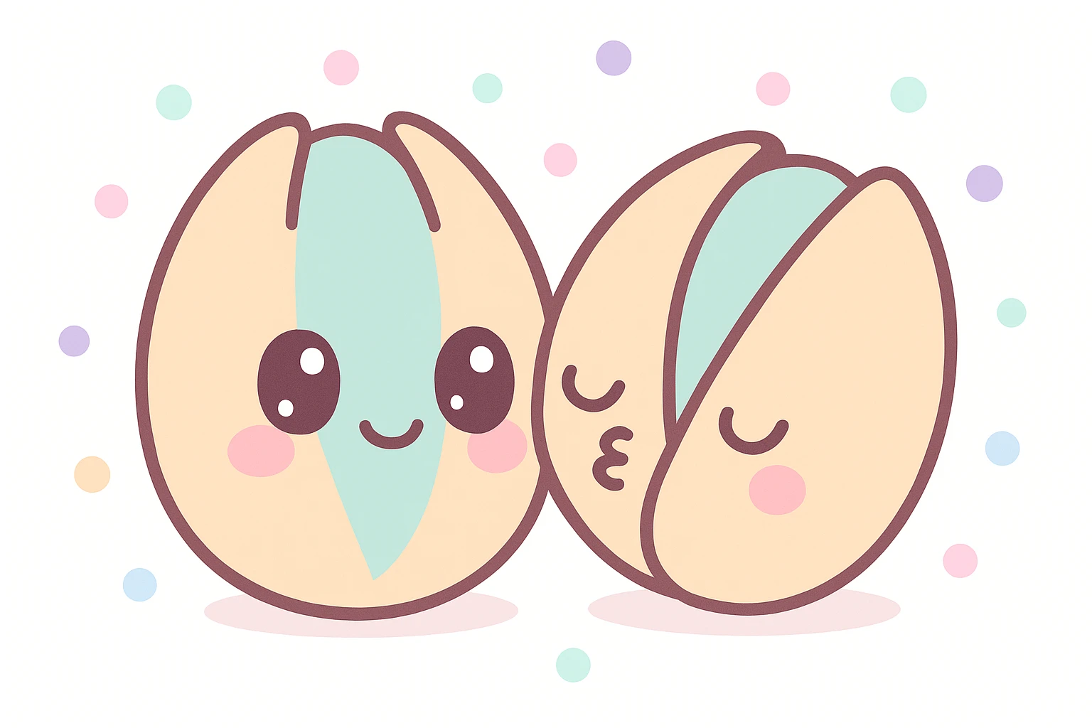cartoon pistachios, one kissing the other on the cheek, simple background, adorable style emoji