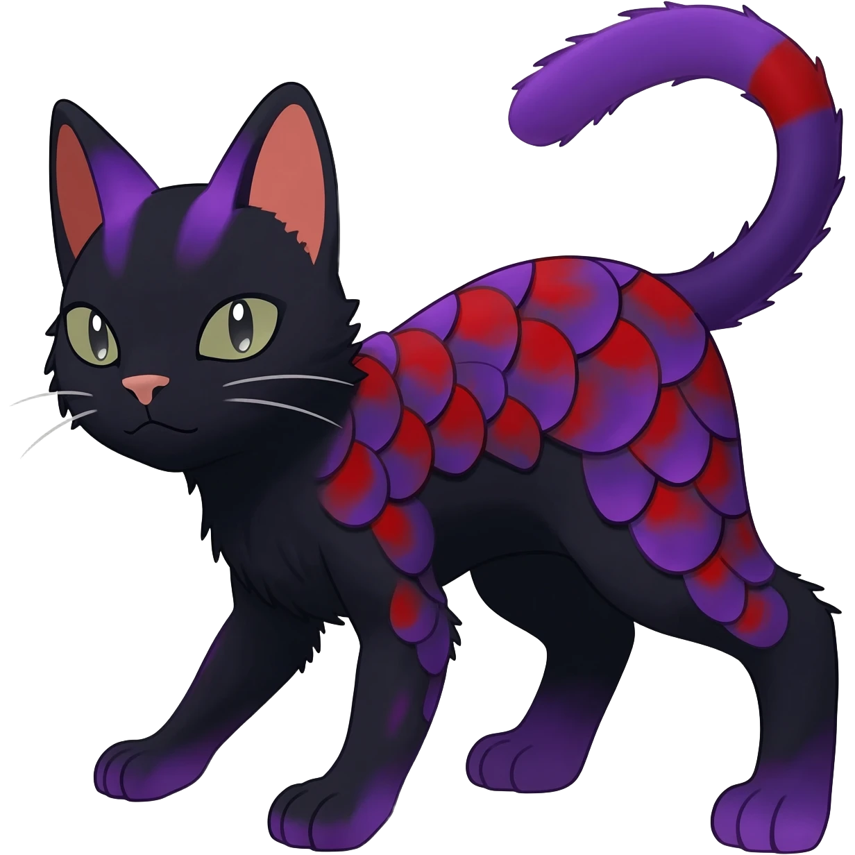 Black edgy Noibat-Purloin-Torracat-Lykoi-Caracal-cat-Fakemon-fusion-hybrid-creature with violet and red scale markings emoji