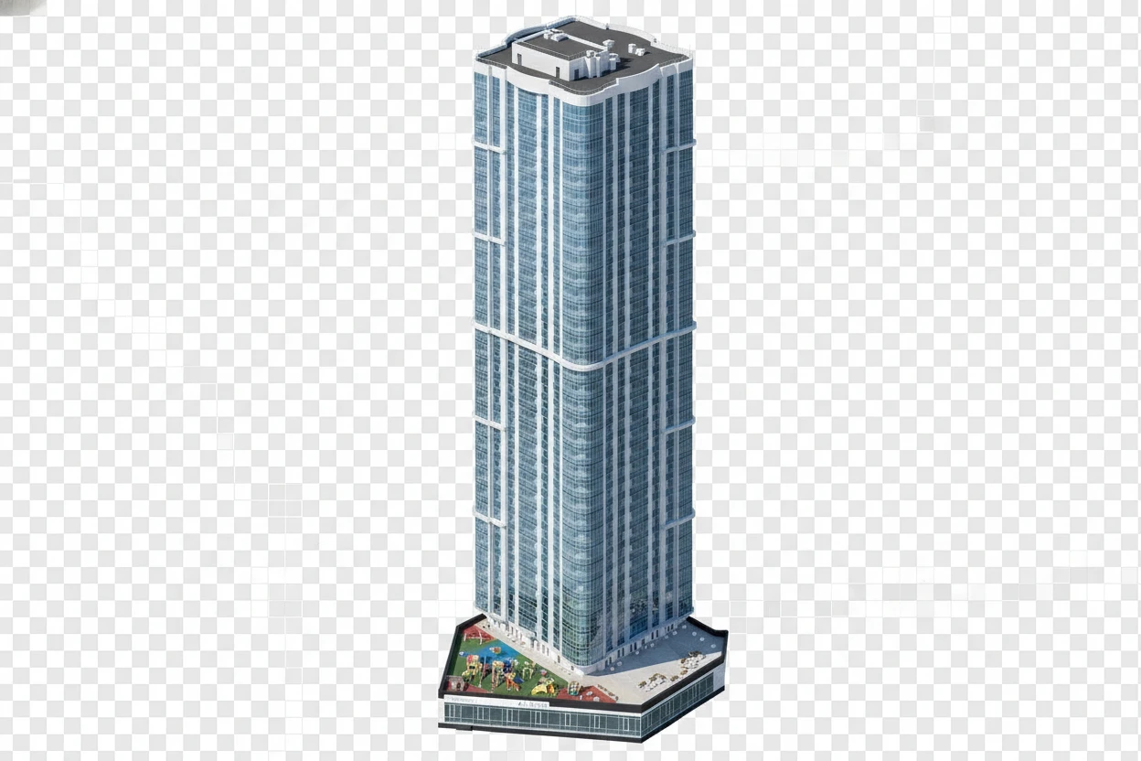 Изометричная, яркая, детализированная, объемная и фотореалистичная иллюстрация одной отдельной башни ЖК «Volga Sky» в Саратове. Чёткие контуры, не размазанные линии, высокое качество, прозрачный фон, не обрезать края картинки emoji