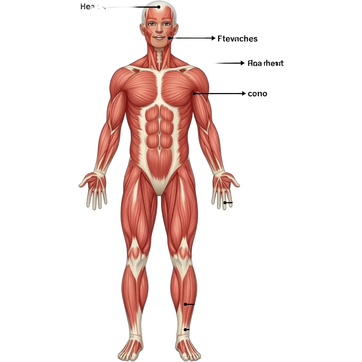 complete human body with skin, front view, The body appears standing, Add arrows pointing and labeling the main parts of the body: Head, Trunk and Extremities (arms and legs). emoji