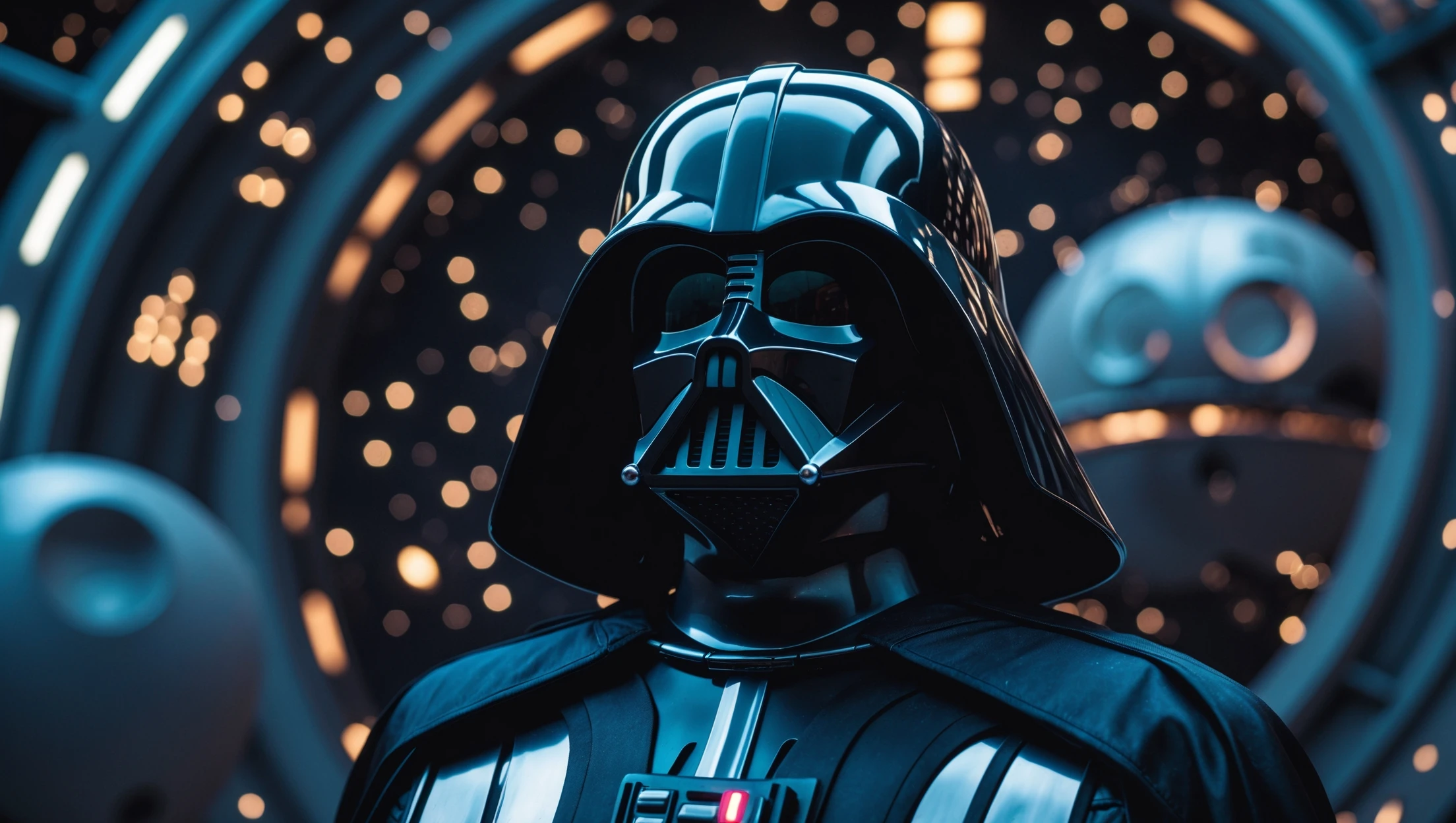 cinematic still, documentary photography, space and death star, well lit scene, Darth Vader floating in space, close up, front shot, rule of thirds emoji