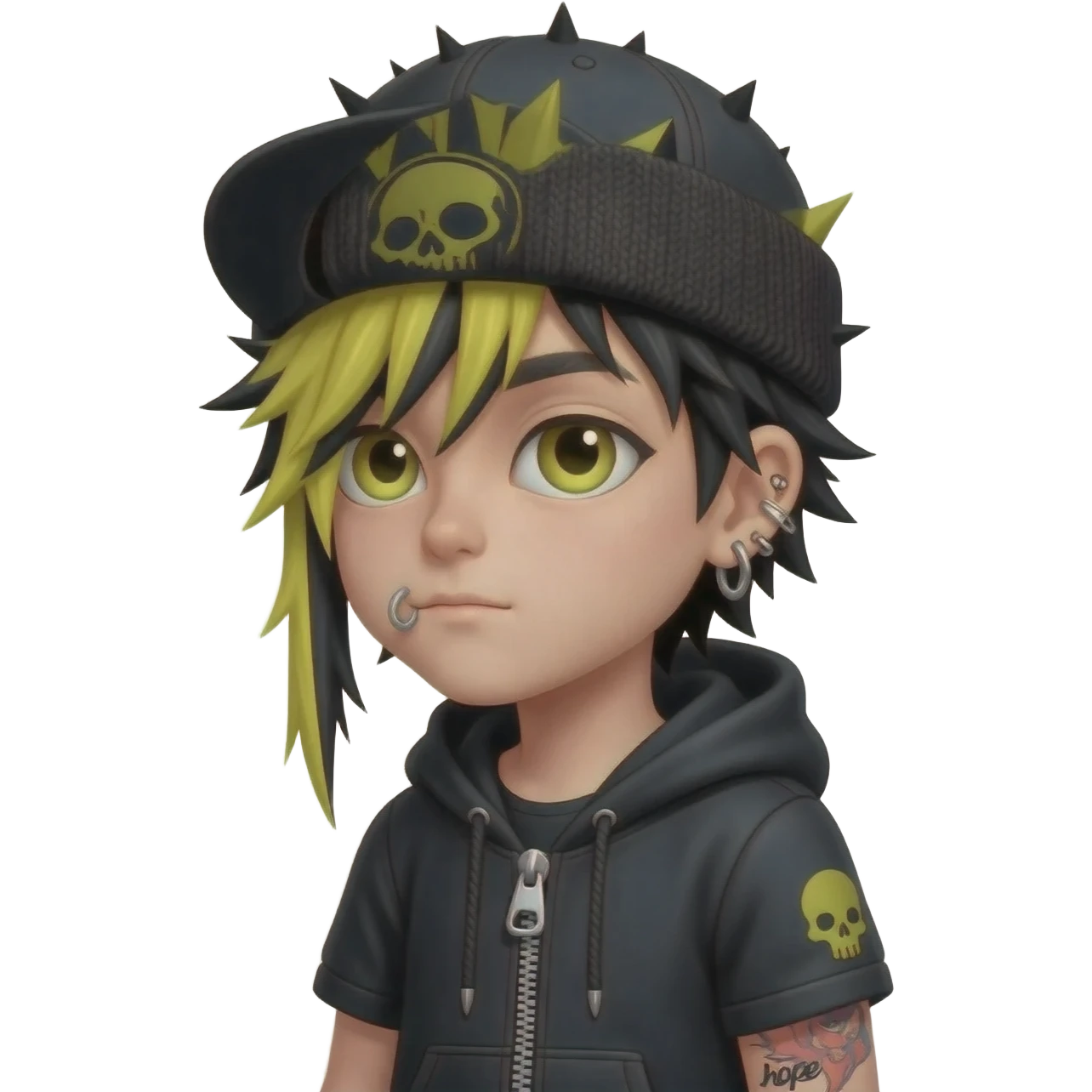 boy japan spiky long  yellow black hair, hoodie zip is vignetteskullcap wear piercings tatto "hope" emoji