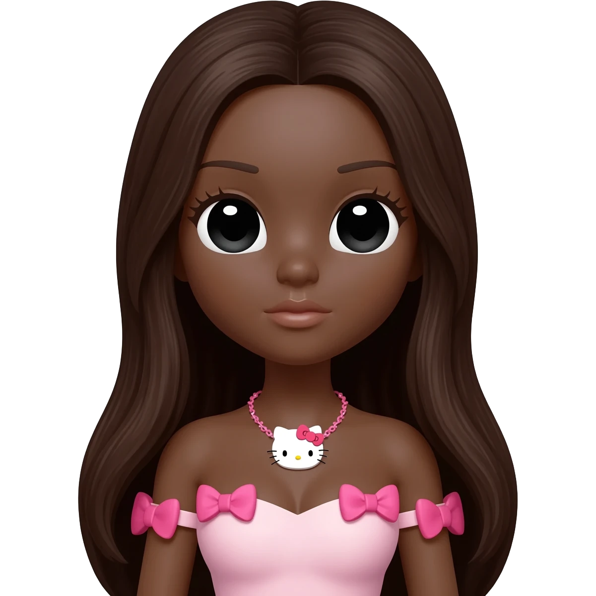 hello kitty necklace, doll eyes, Doll, big chest, dark brown skin, with middle part long dark brunette hair,  black cute eyes, pink bows with cute lips emoji