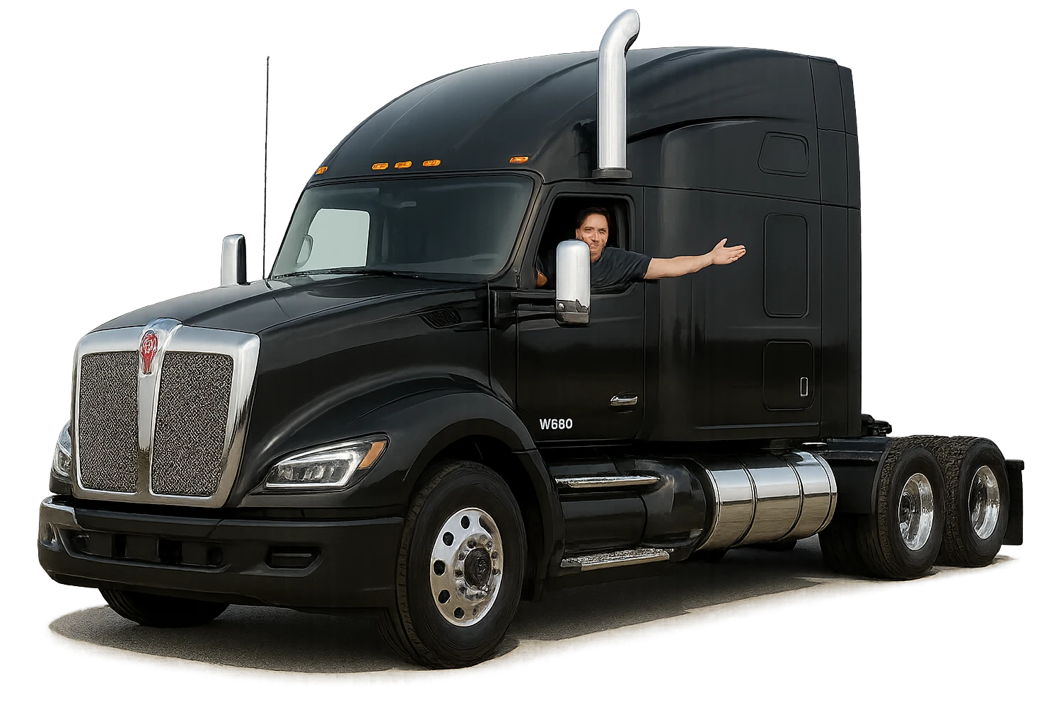2026 Kenworth W680 semi sleeper, black with chrome stack, person in the cab with arm out the window, realistic and sharp, transparent background emoji