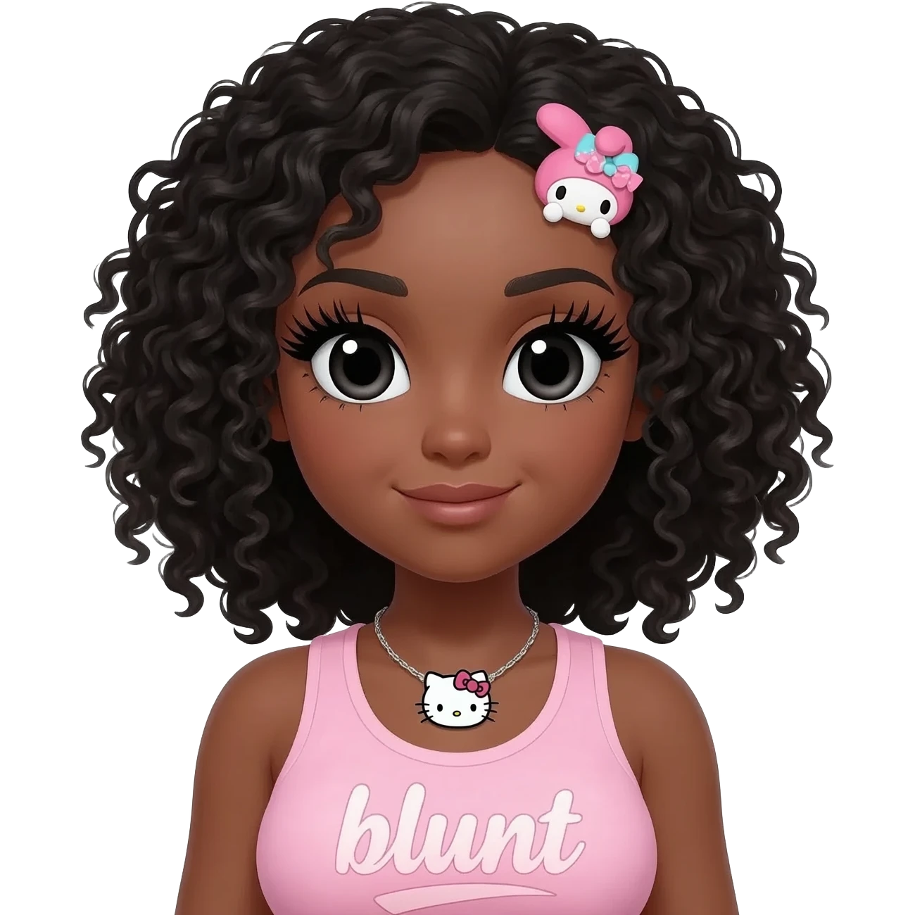 Long giant lashes, my melody hairclip, Doll faced shaped, hello kitty necklace, bimbo, black doll eyes, barbie, dark brown skin with curly black hair, light pink bimbo sleeveless shirt says "blunt" , big breast emoji
