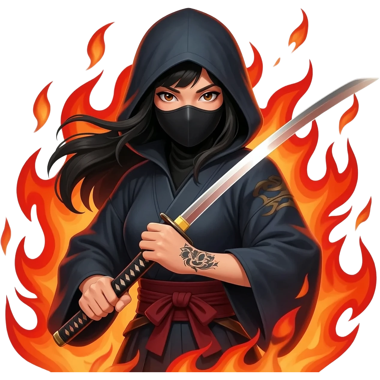 Girl, ninja, katana,fire, brown eyes, long hair, black hair, mask, left hand have heart. emoji