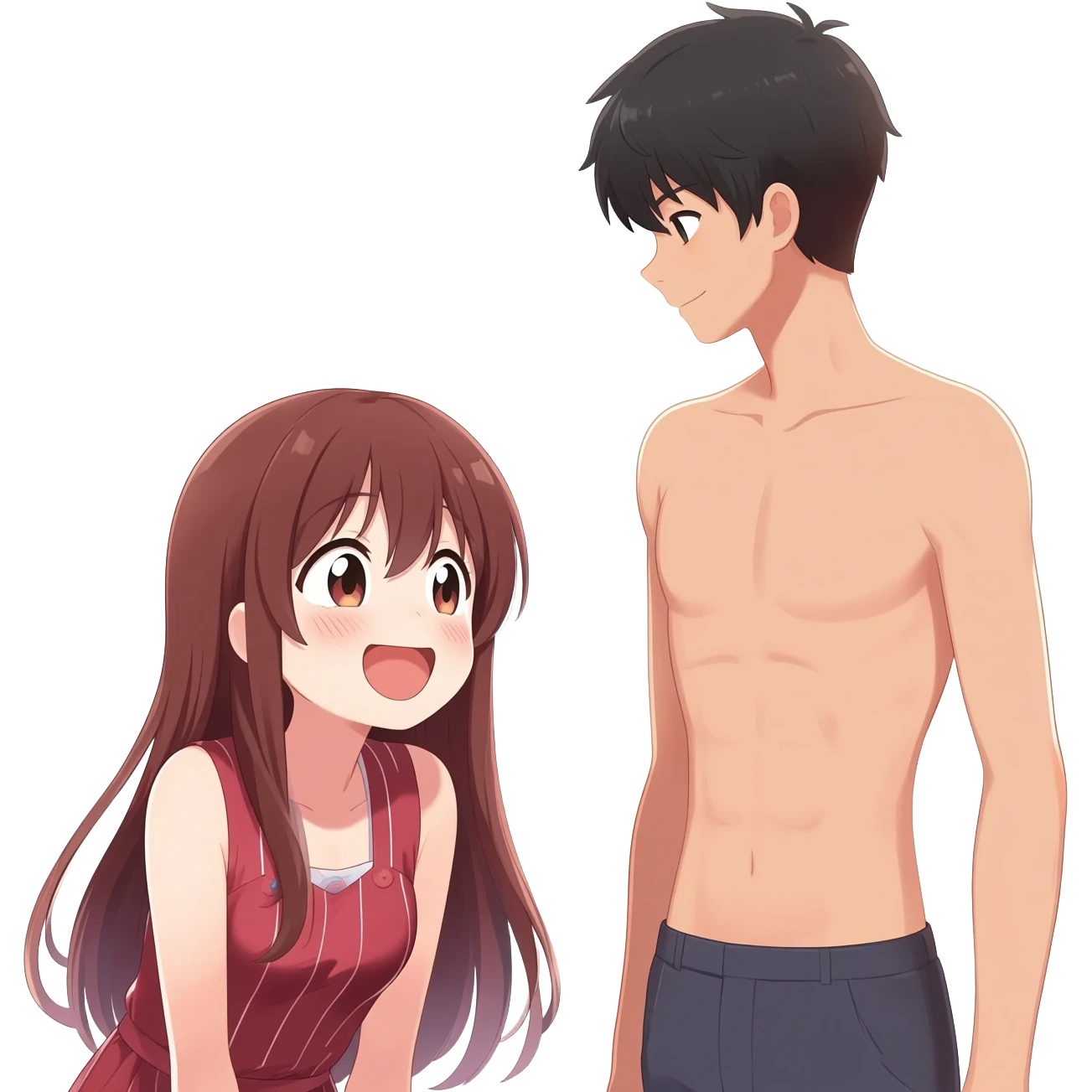 Anime girl long hair giggling sees completely nude body of boy emoji