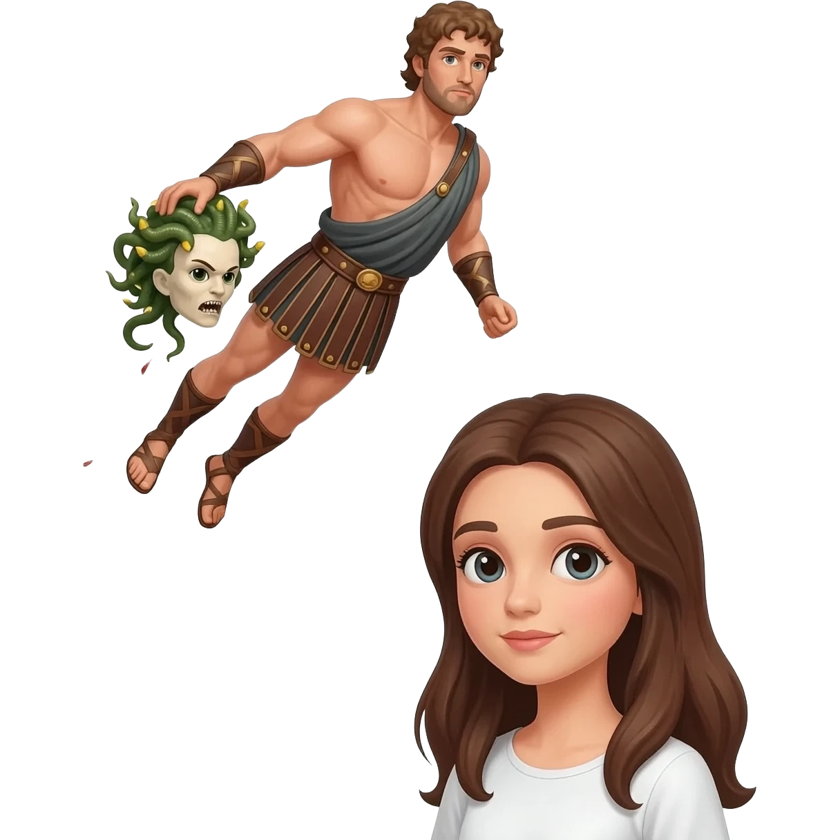 Perseus was winging his way back to Greece with the head of Medusa and spotted the girl (she has long brown hair) emoji