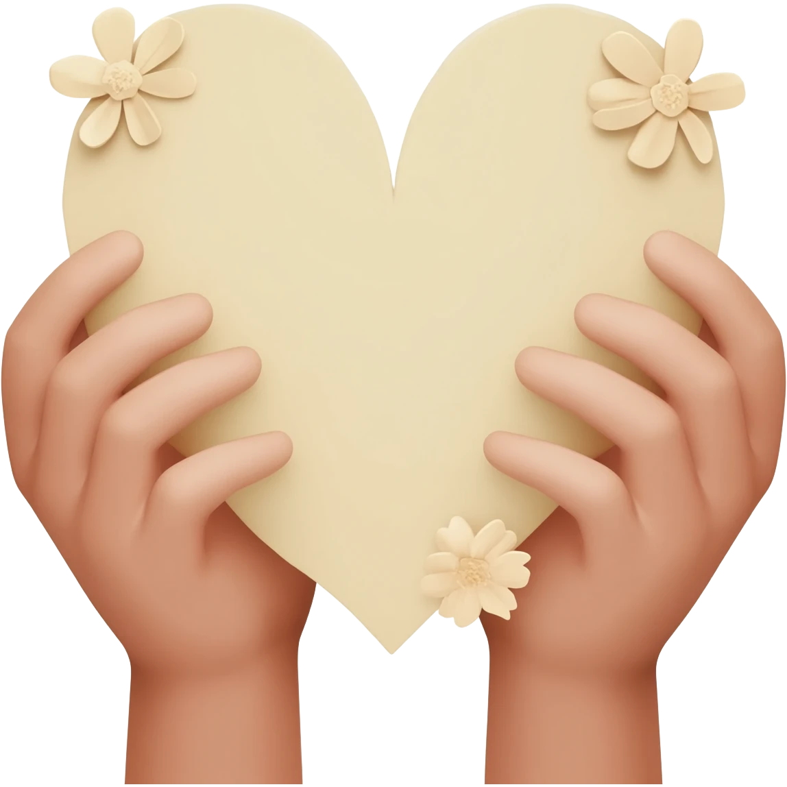 Realistic hands are holding light beige human heart with beige flowers emoji