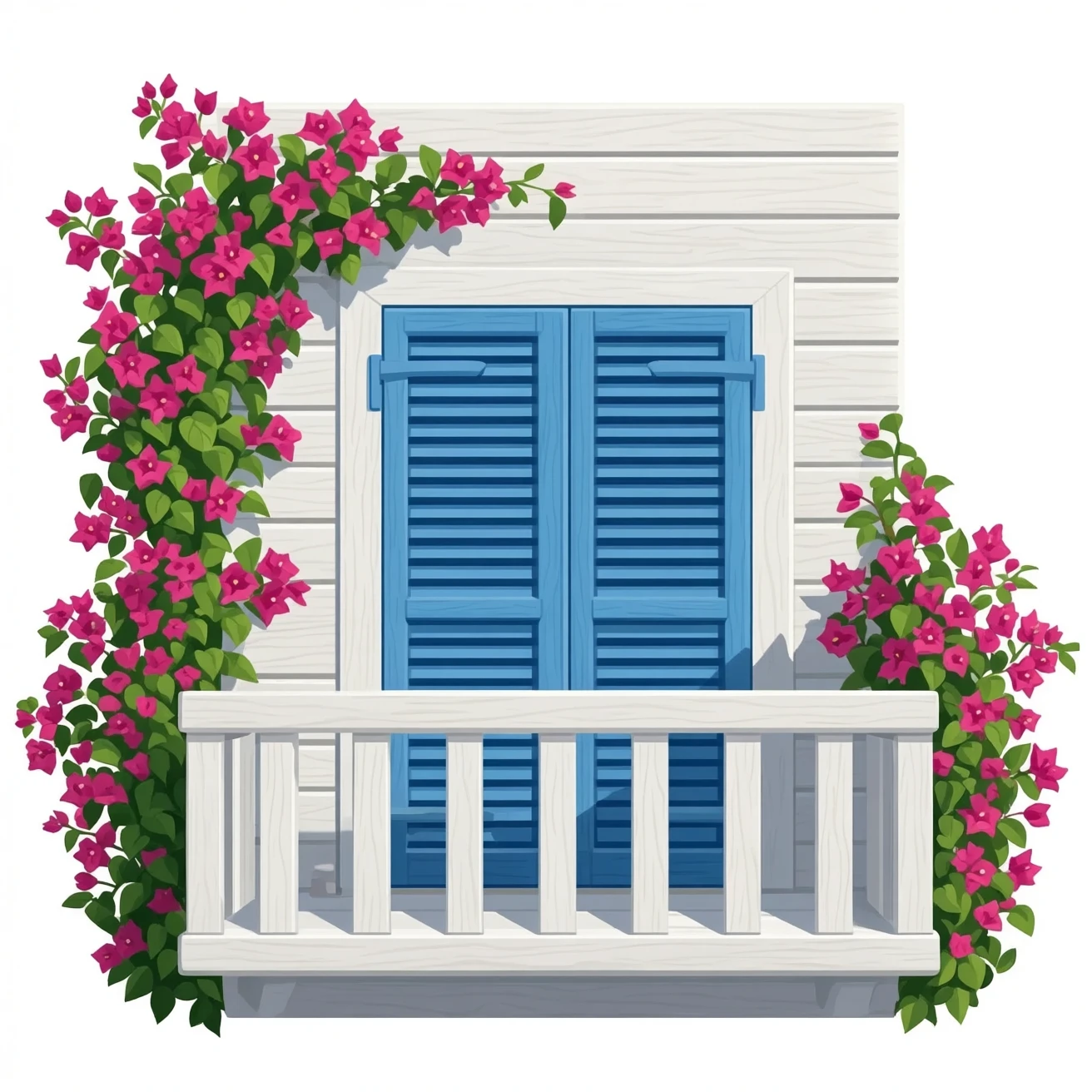 create an emoji of a white wooden balcony wooden with blue shutters and bouganvilliers flowers arounf emoji