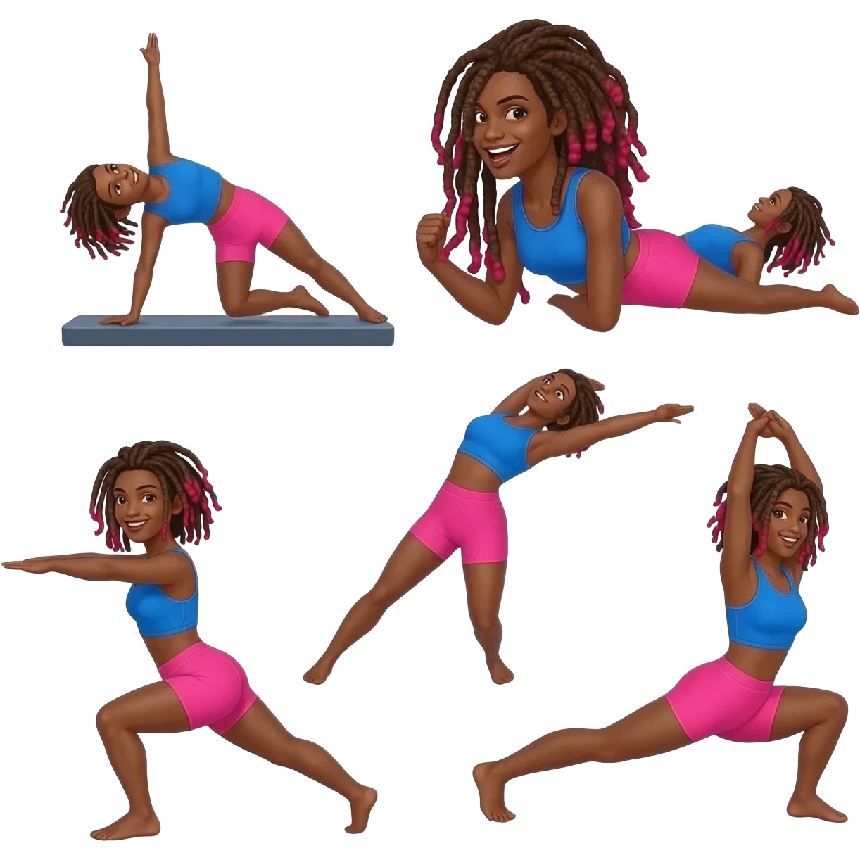 African American girl with long brown dreadlocks with red tips, pink workout shorts and a bright blue cropped top in various Pilates positions emoji