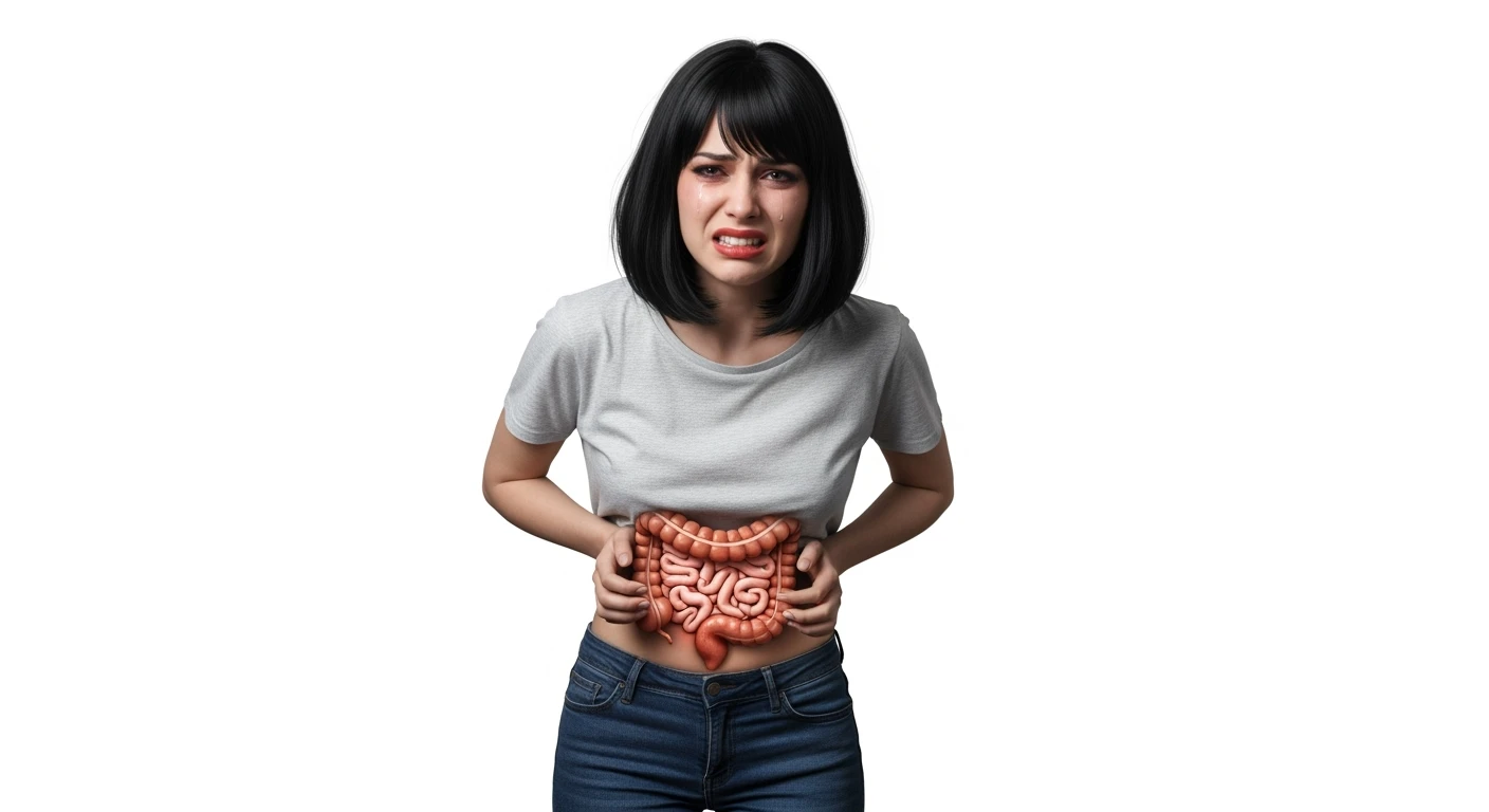 donna a figura intera con intestino umano realistico in 3d in evidenza dolorante, espressione di dolore in volto, sfondo bianco, non farla computerizzata, ma iperrealistica 4k, sfondo bianco emoji