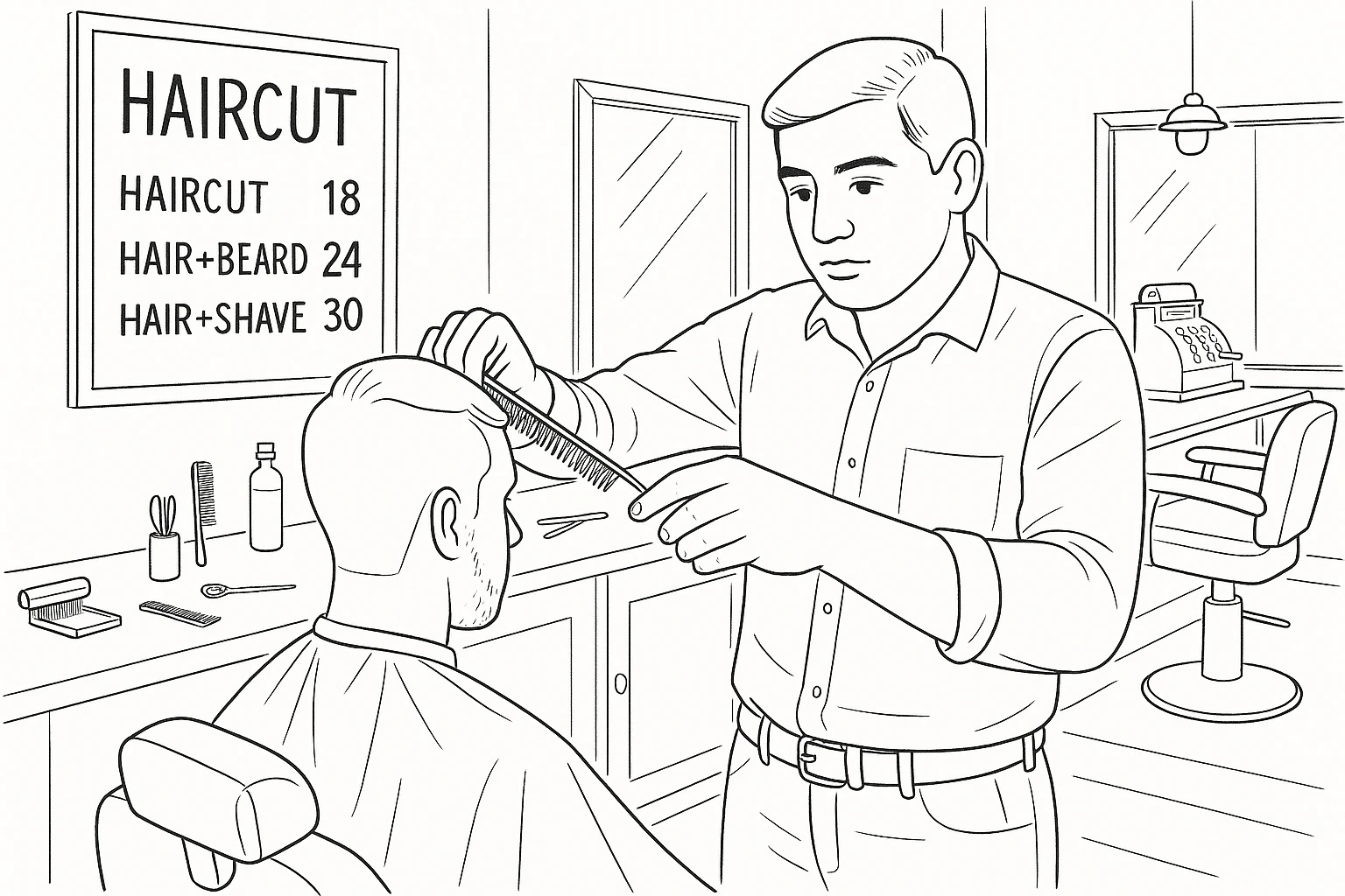 Draw me a sketch of the barbershop, but make sure there's a cash register there. emoji