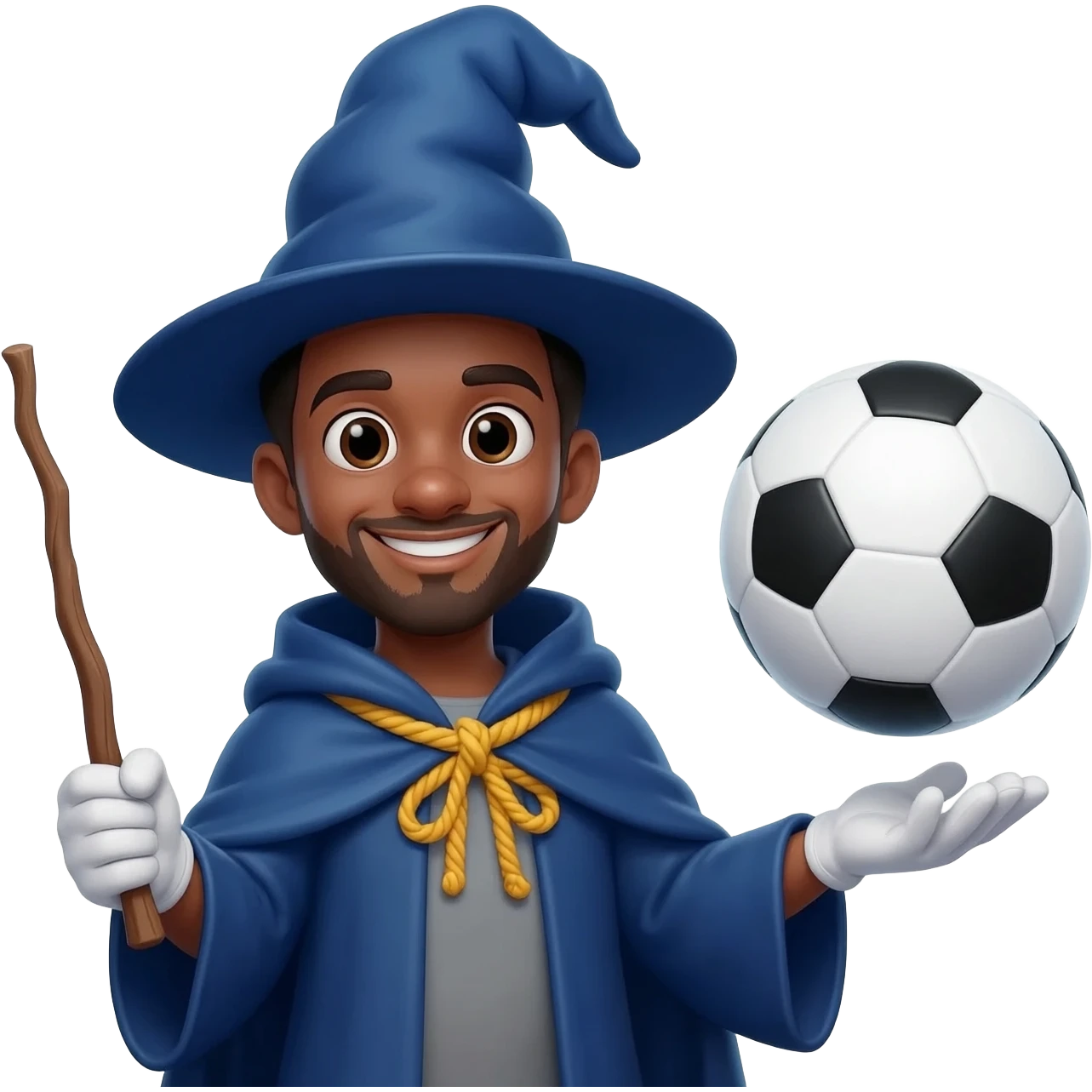 a young, beardless, black-haired wizard with a blue hat with a balloon drawn in front of the eyes holding a wand in one hand and a floating soccer ball in the other. He has a big smile and two white glowers. the cloak is tied with a yellow rope emoji