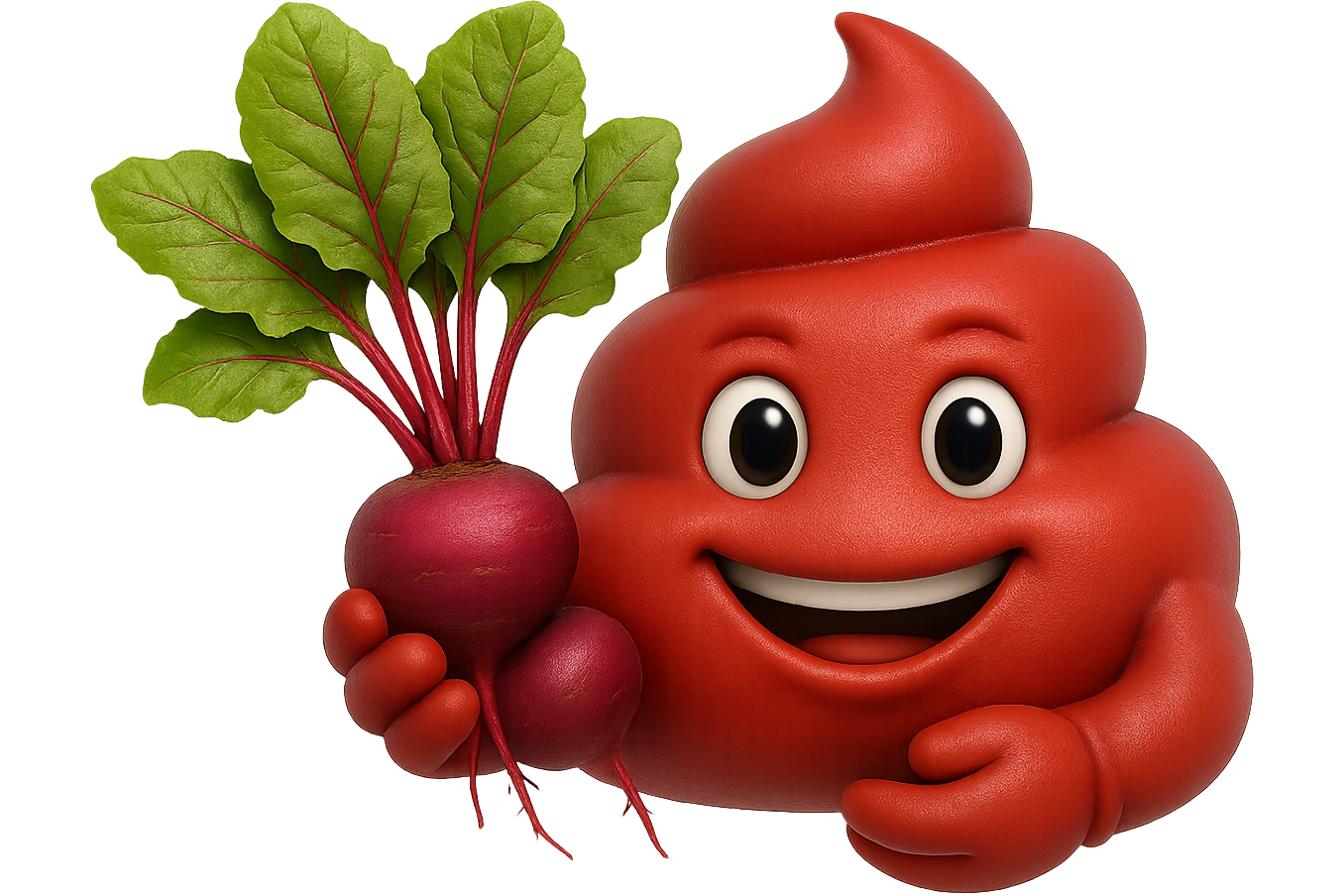 emoji stile iphone 3d di una cacca rossa con barbabietole in mano, iperrealistiche 4k emoji